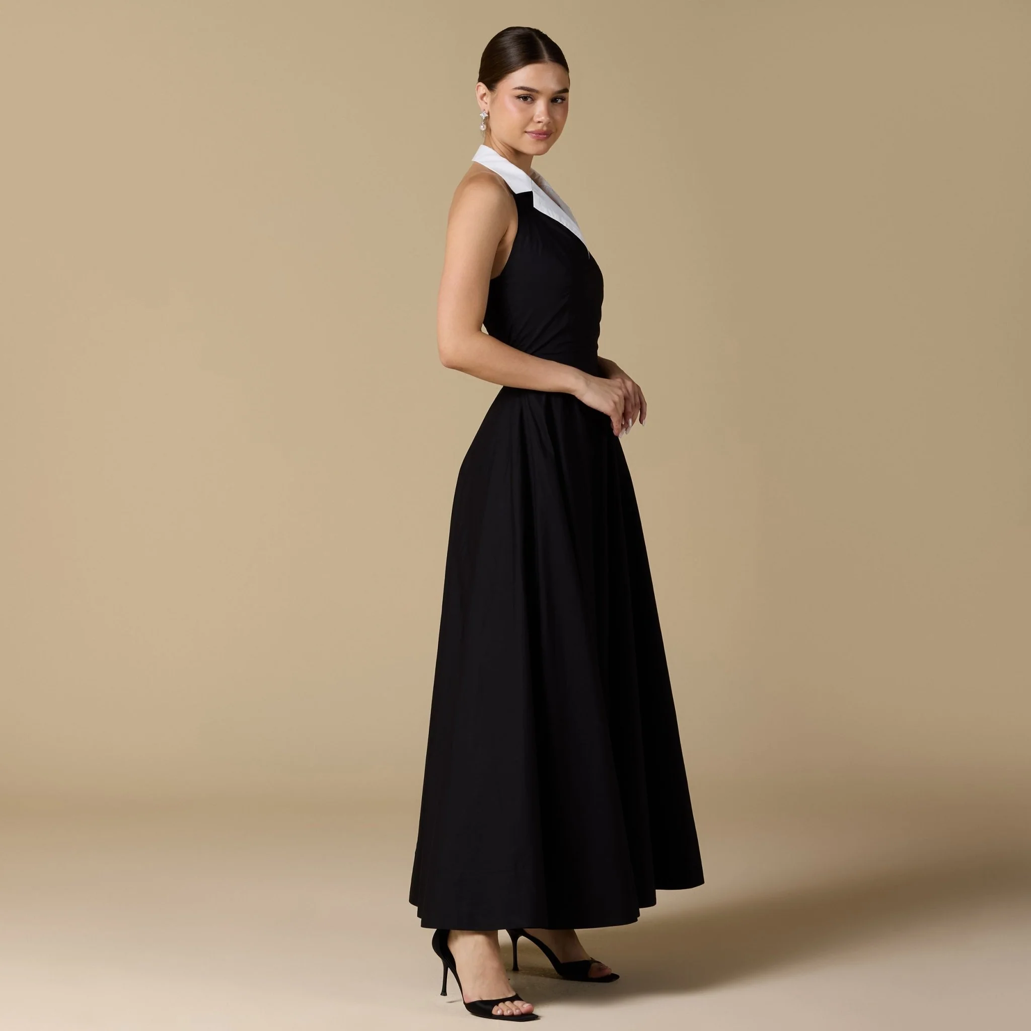 Black & White Collared Backless Poplin Maxi Dress - Image 2