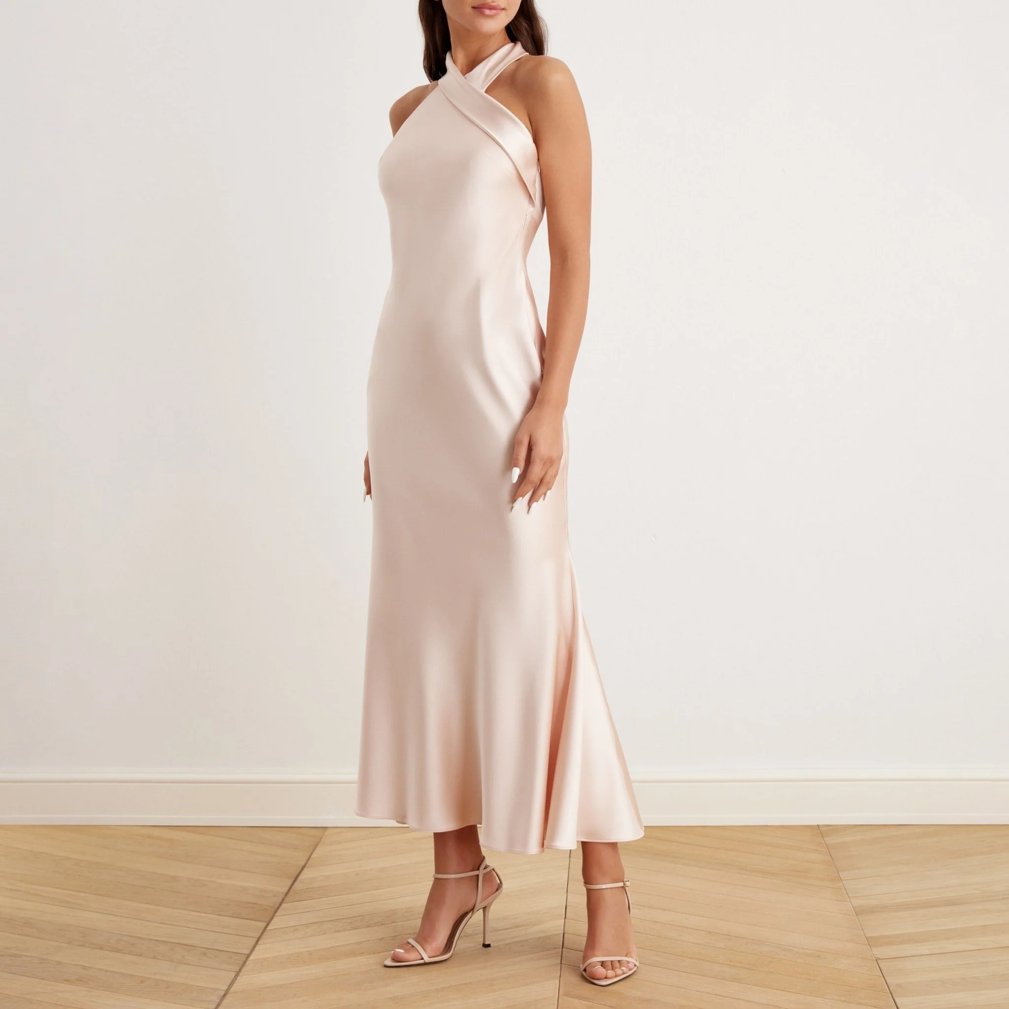 Beige Criss Cross Halter Satin Maxi Dress - Image 2