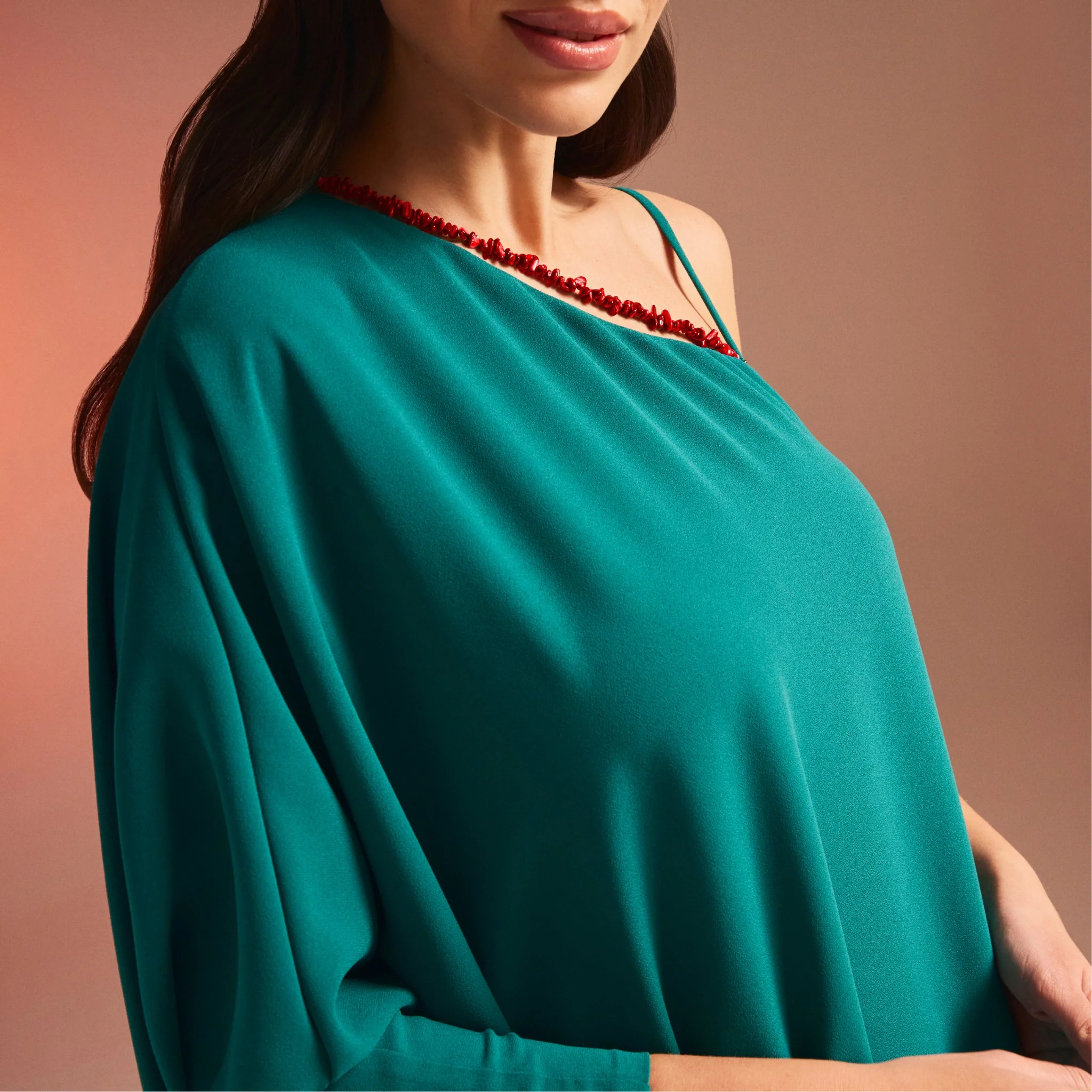 Green One Shoulder Long Sleeve Crepe Dress - Image 2
