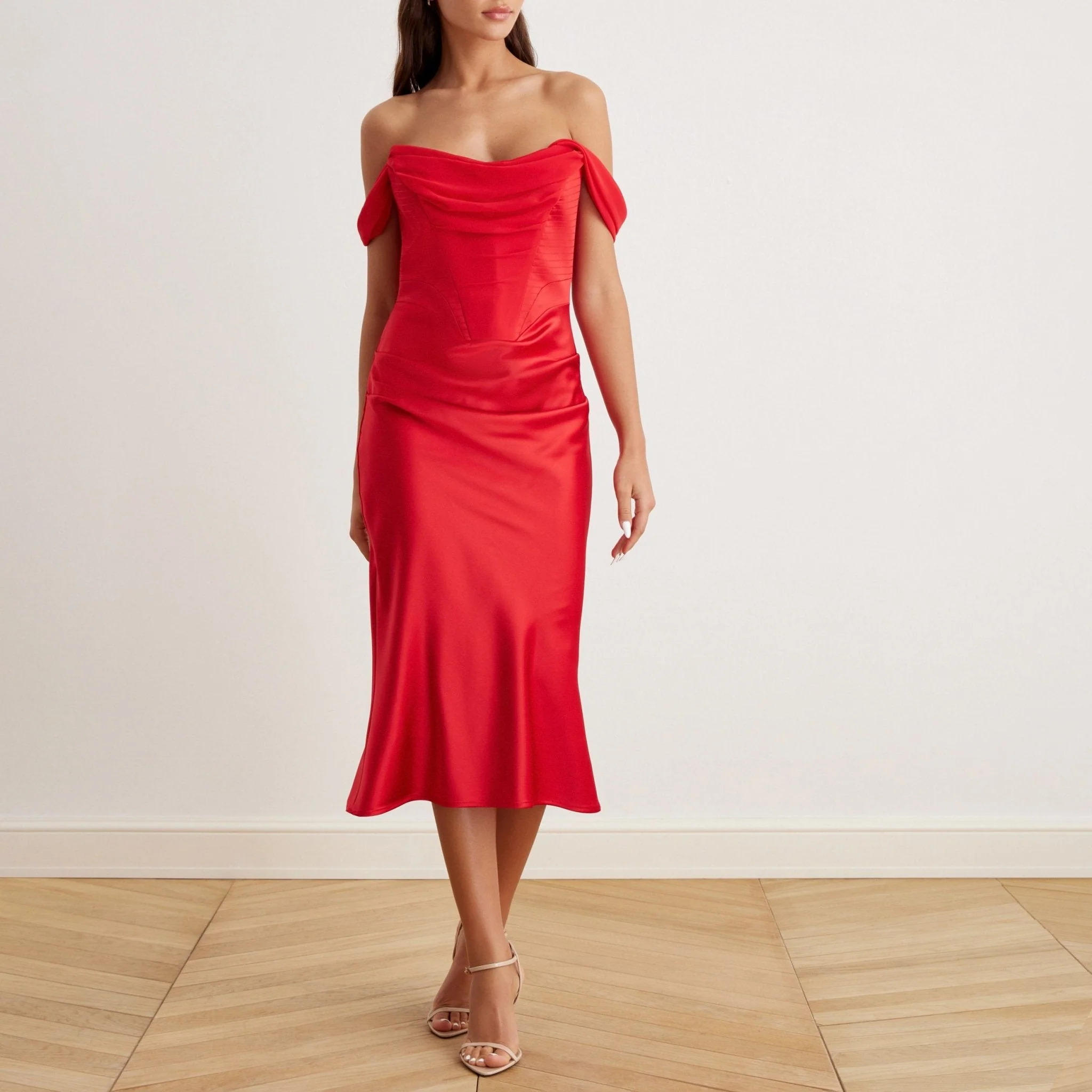 Satin Off-Shoulder Corset Midi Dress