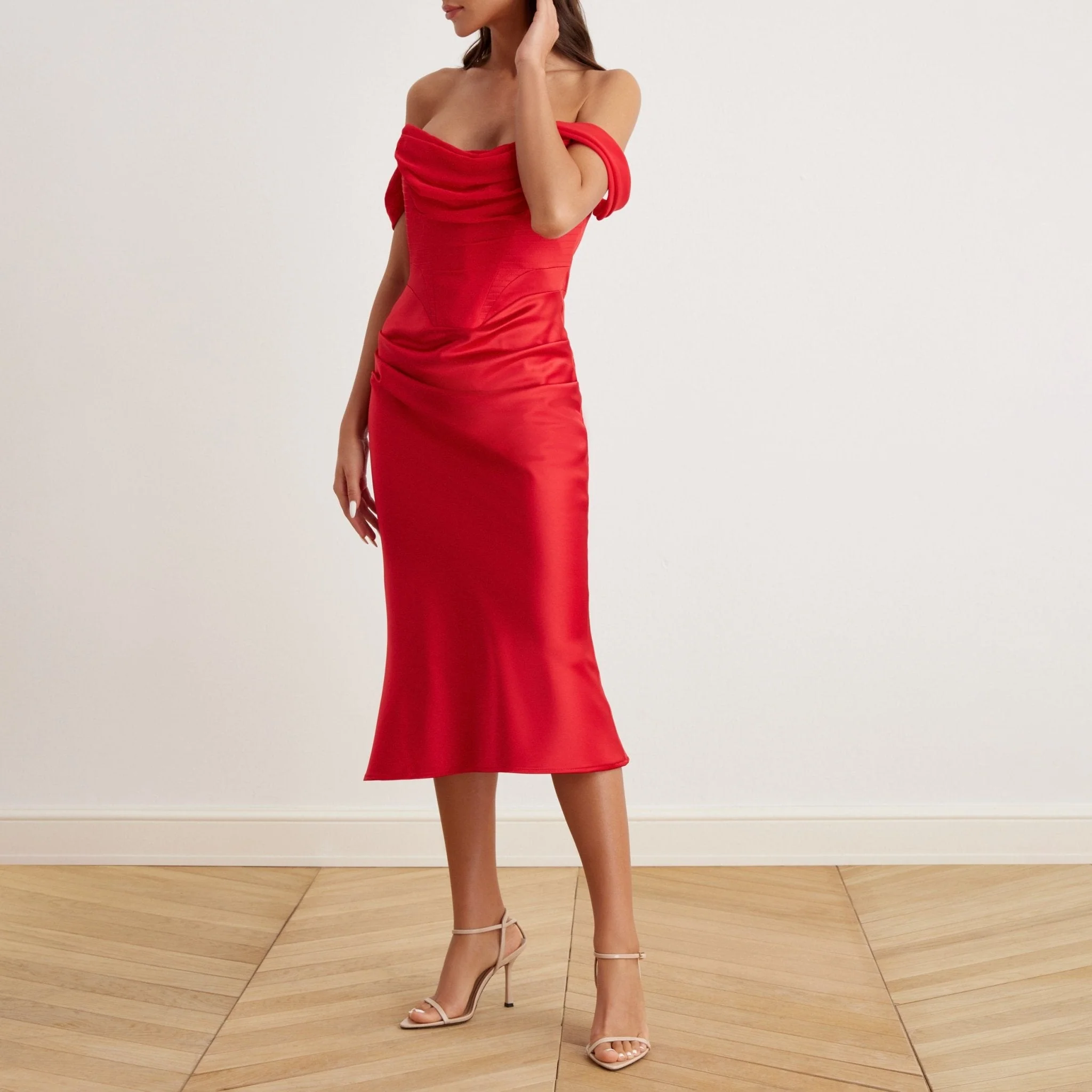 Satin Off-Shoulder Corset Midi Dress - Image 2
