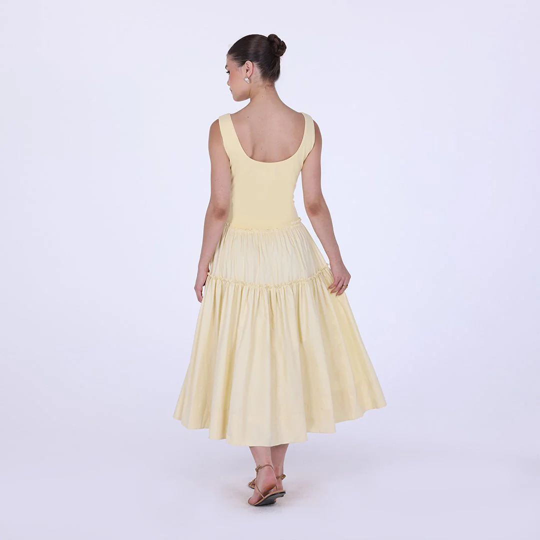 Yellow Cotton Drop Waist Midi Dress with Crinkled Linen Skirt - Image 2