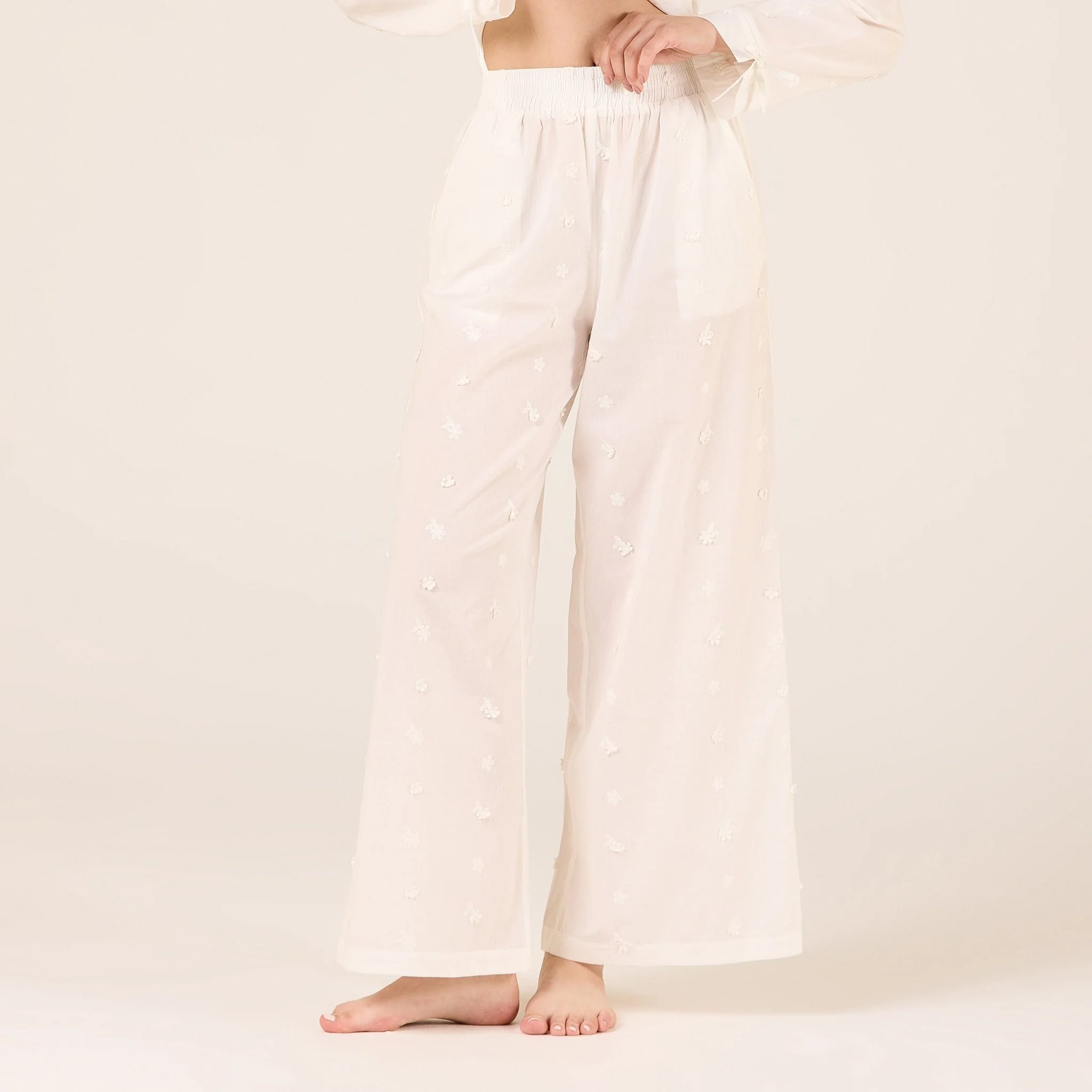 White Cotton Pants with Elastic Waist