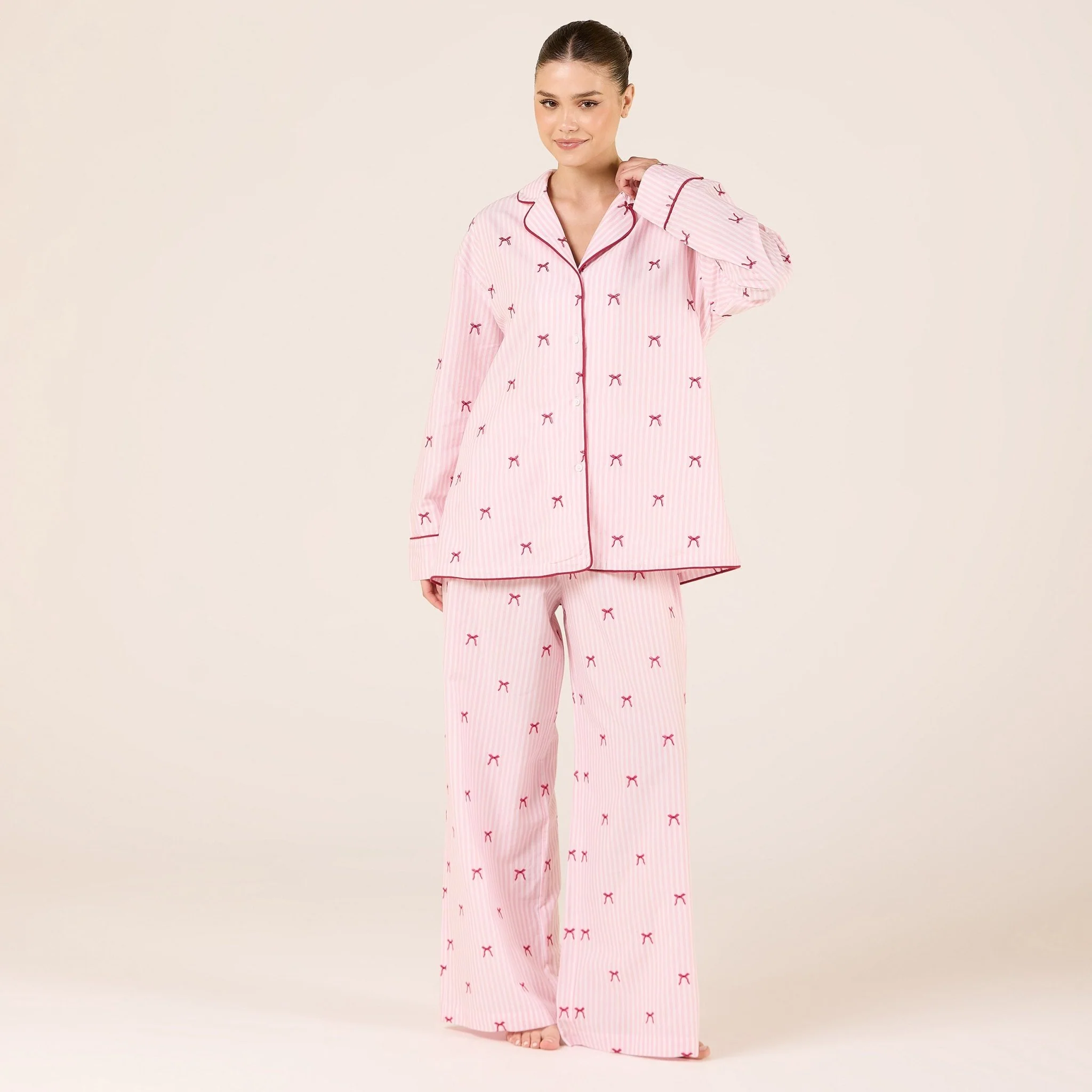 Pink Cotton Poplin Pants in Bow with Elastic Waist - Image 2