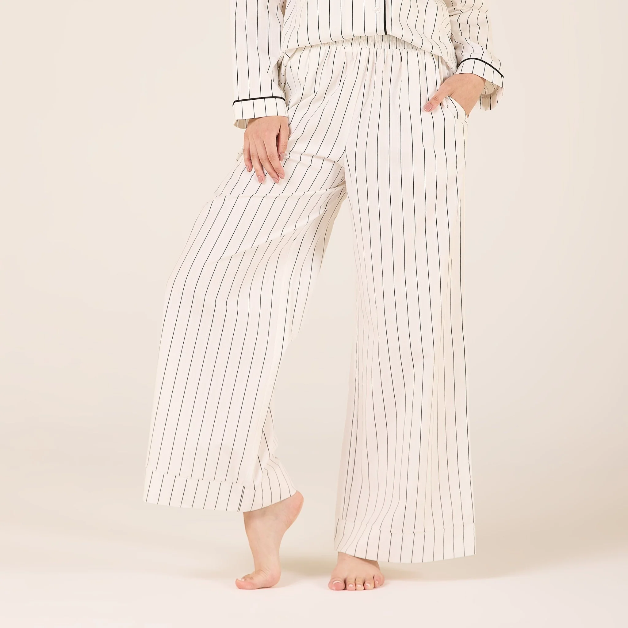 White Cotton Stripe Elastic Waist Pants