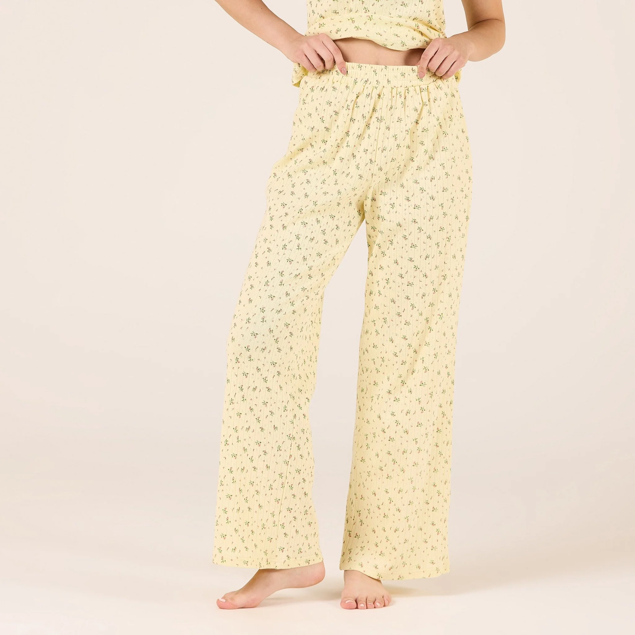 Yellow Cotton Wide Leg Pants with Elastic Waist