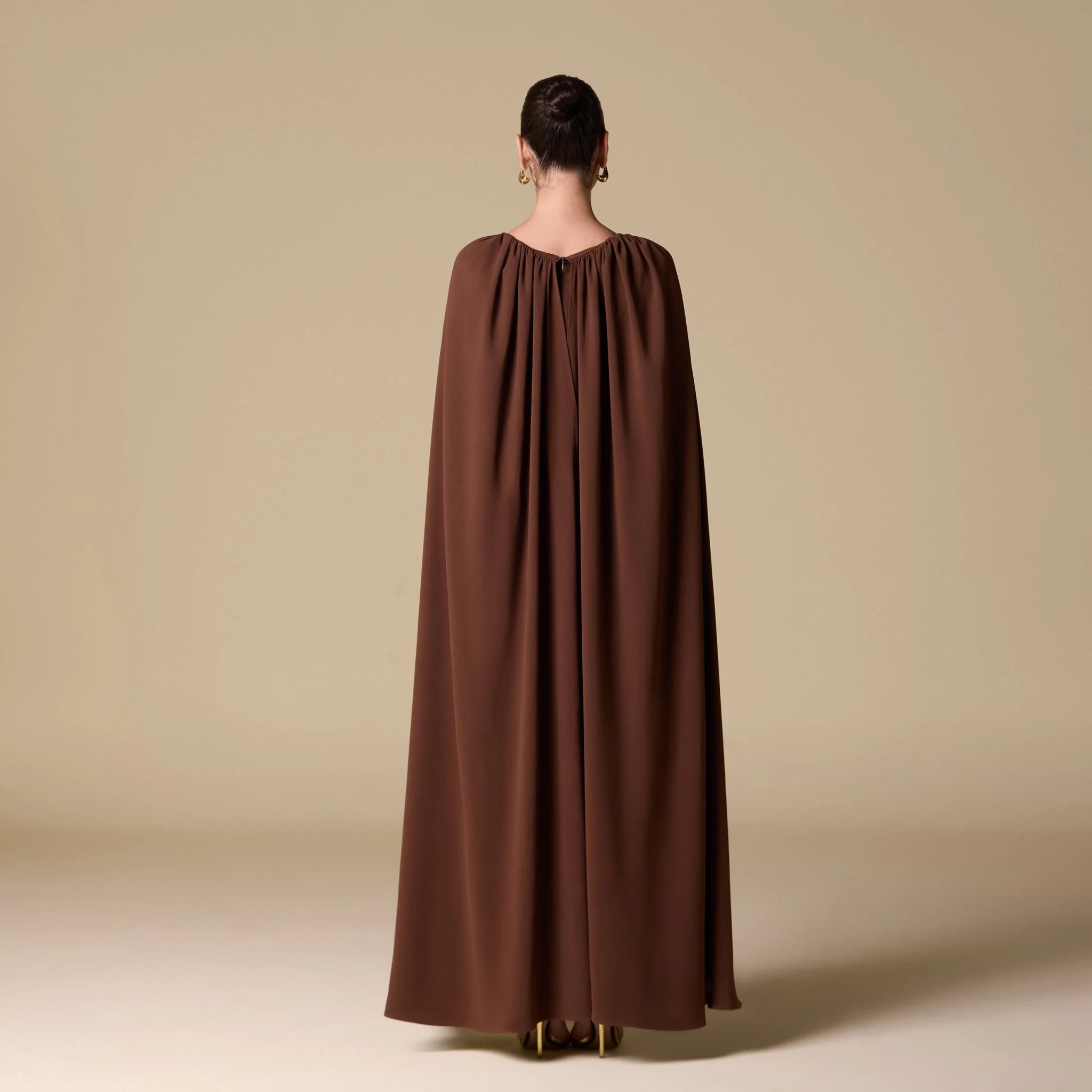 Brown Crepe Cape Maxi Dress with Stone Bead Neckline - Image 4
