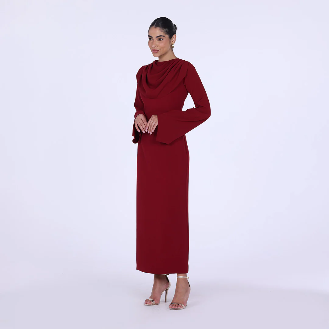 Burgundy Crepe draped chest long sleeve dress - Image 2