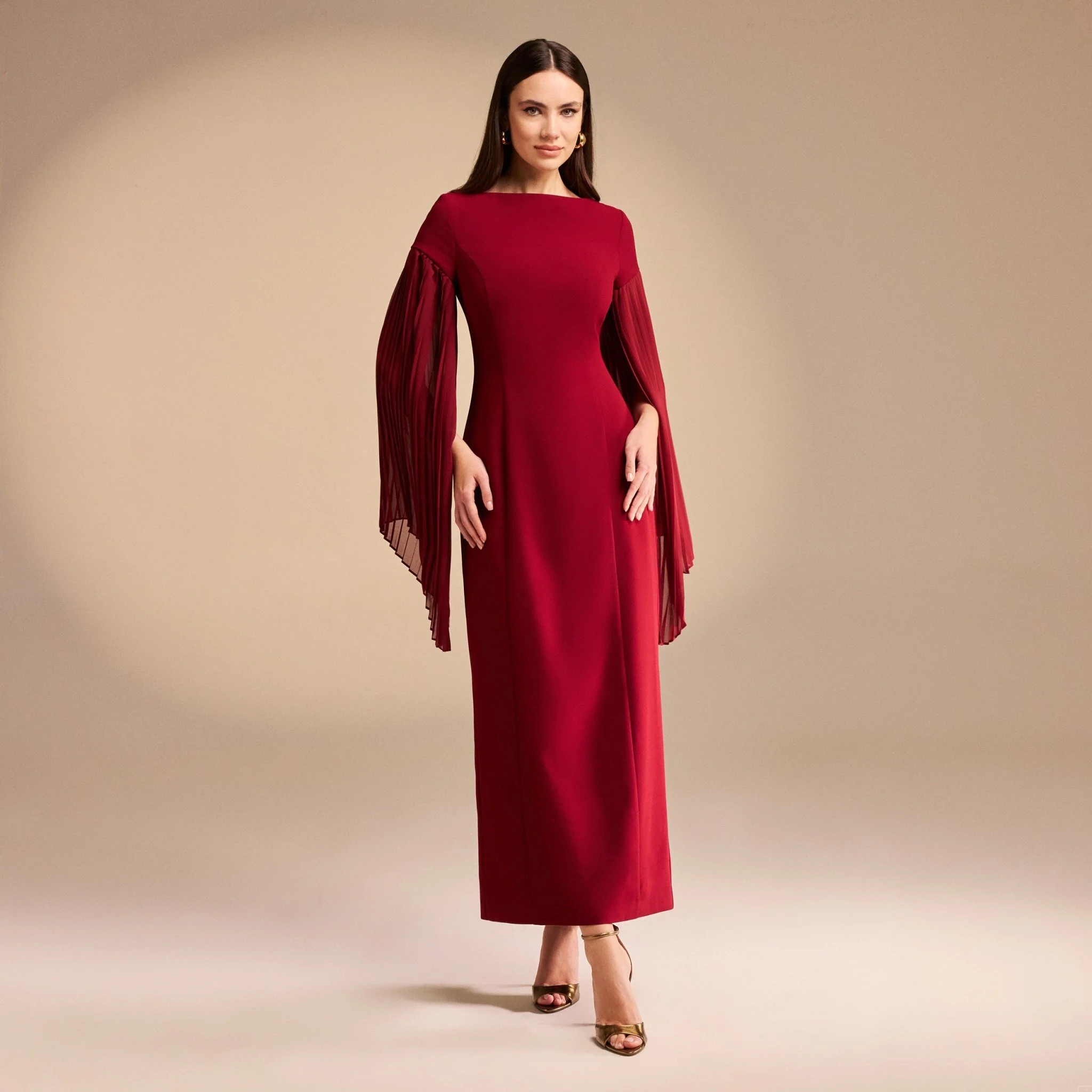 Crepe Midi Dress with Pleated Sleeve