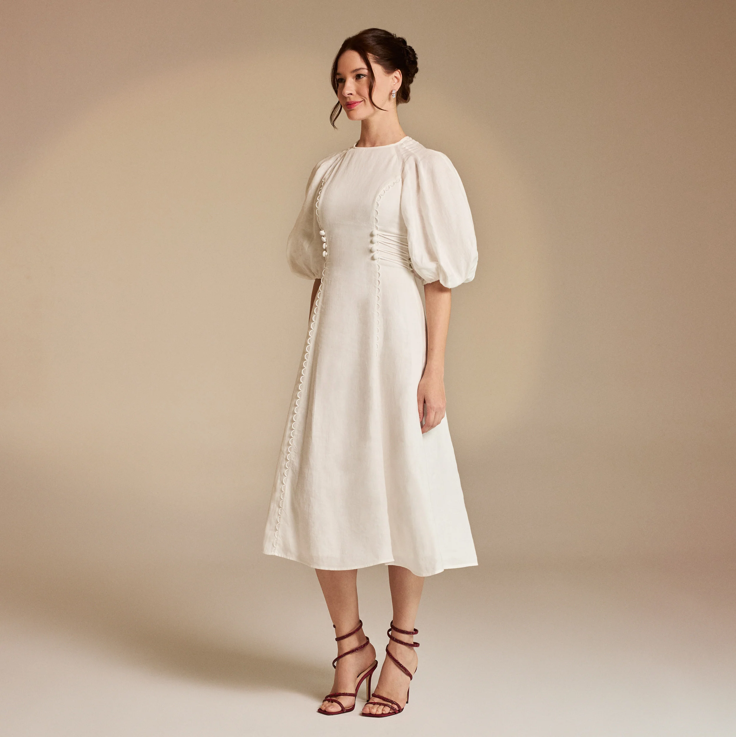Off White Crew Neck Balloon Sleeve Midi Dress - Image 2