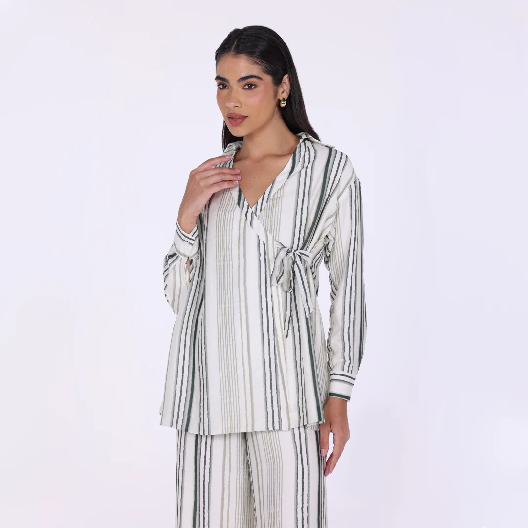 Crinkle Stripe Viscose Shirt with Side Ribbon