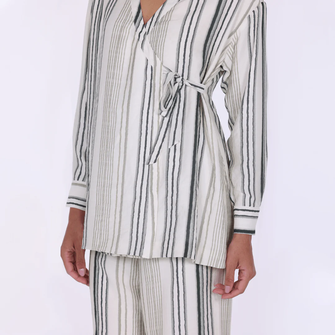 Crinkle Stripe Viscose Shirt with Side Ribbon - Image 2