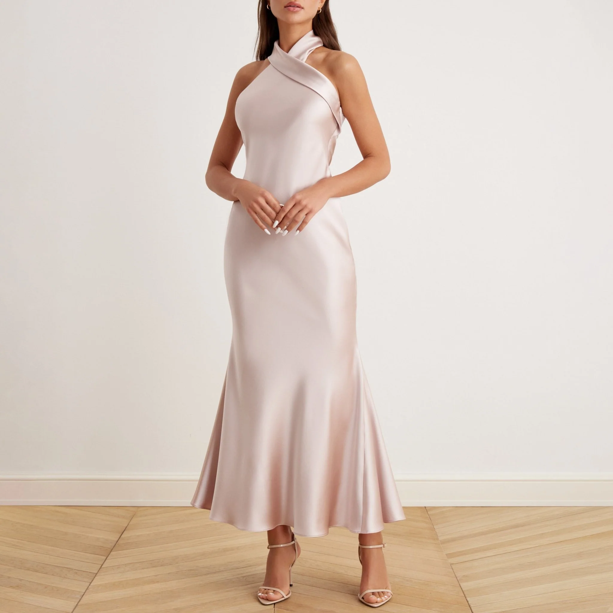Nude Criss Cross Halter Satin Maxi Dress Light Taupe - Image 2