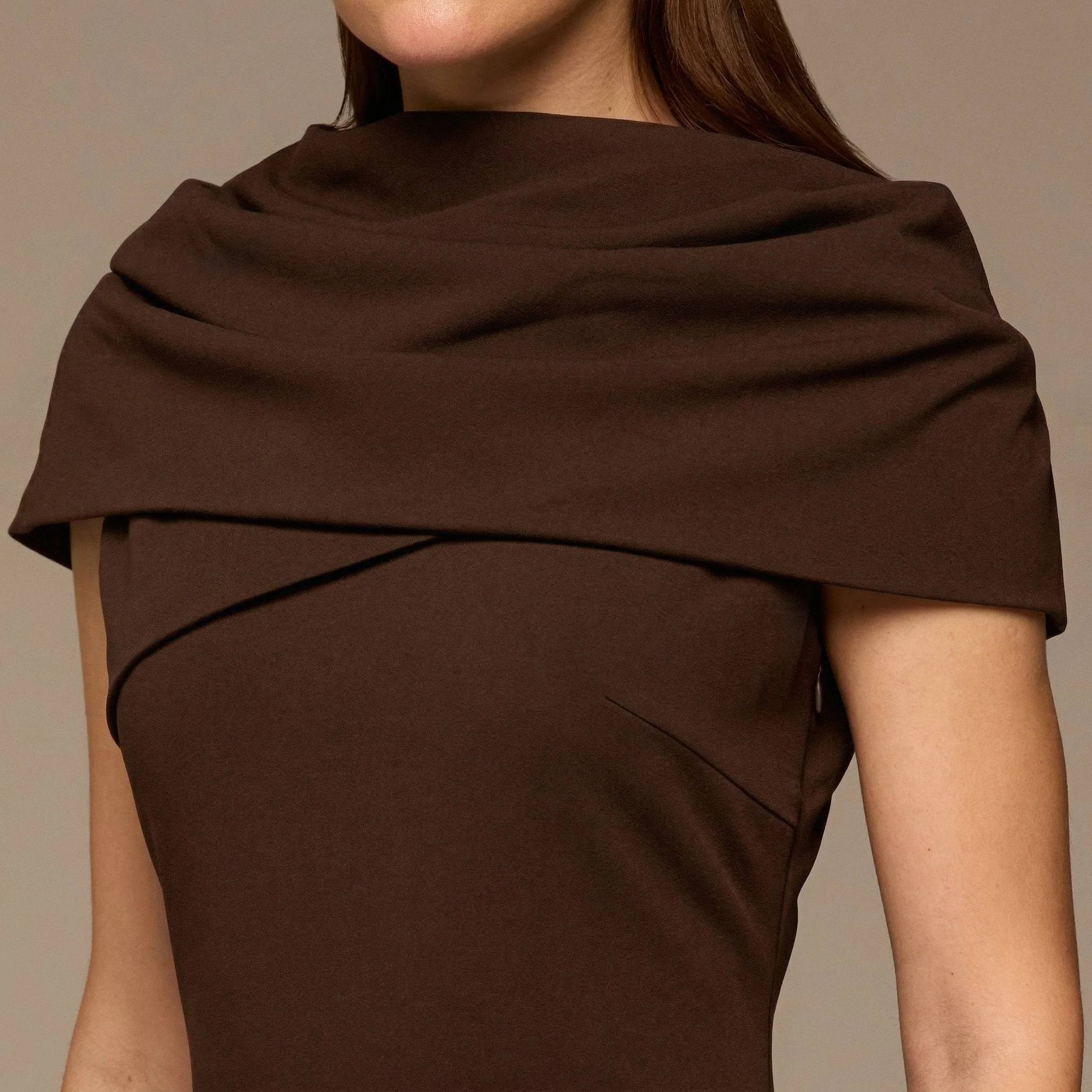 Dark Brown Draped Neck Crepe Dress - Image 3