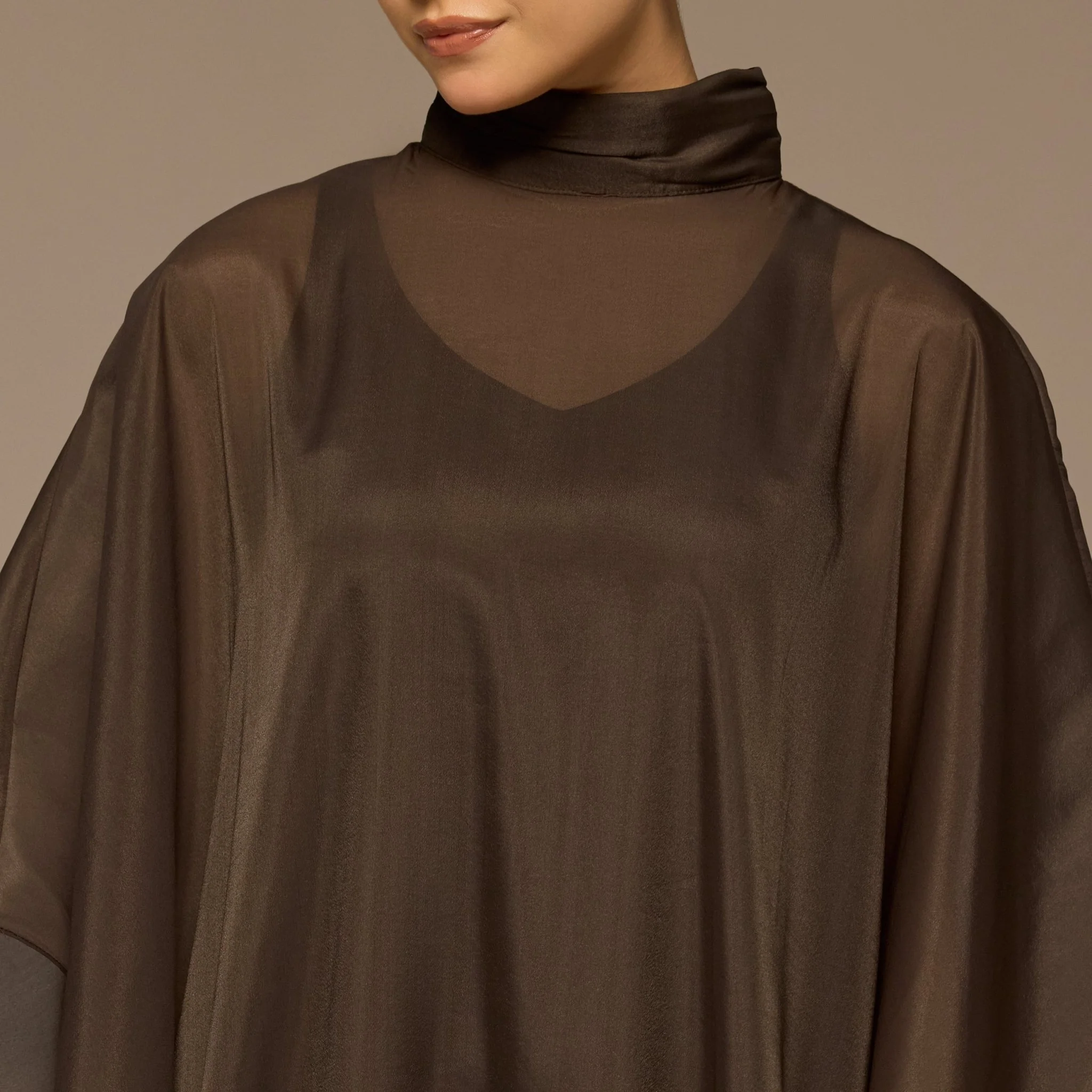 Dark Brown Satin Organza High-Neck Cape - Image 3