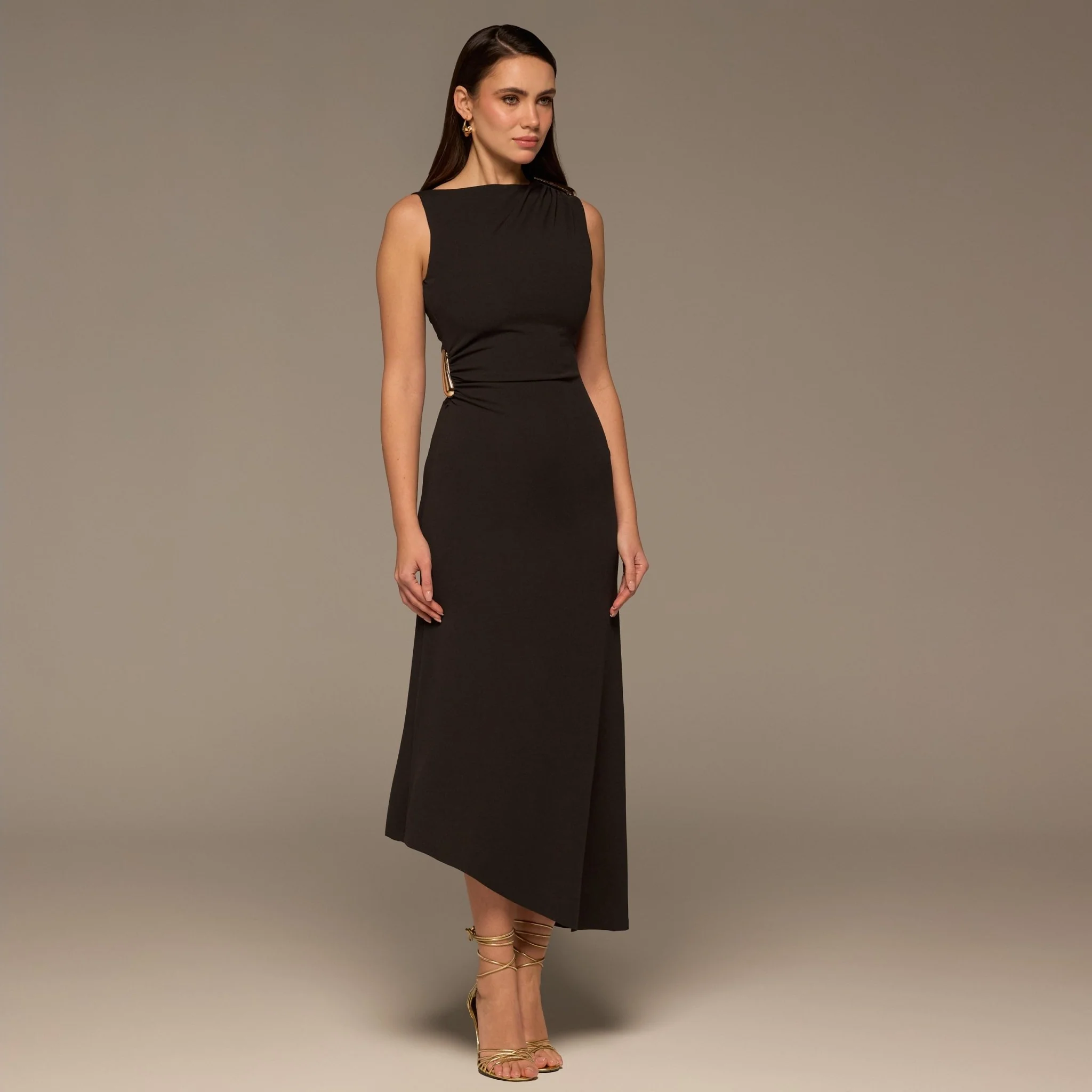 Brown Draped Asymmetric Crepe Dress - Image 3
