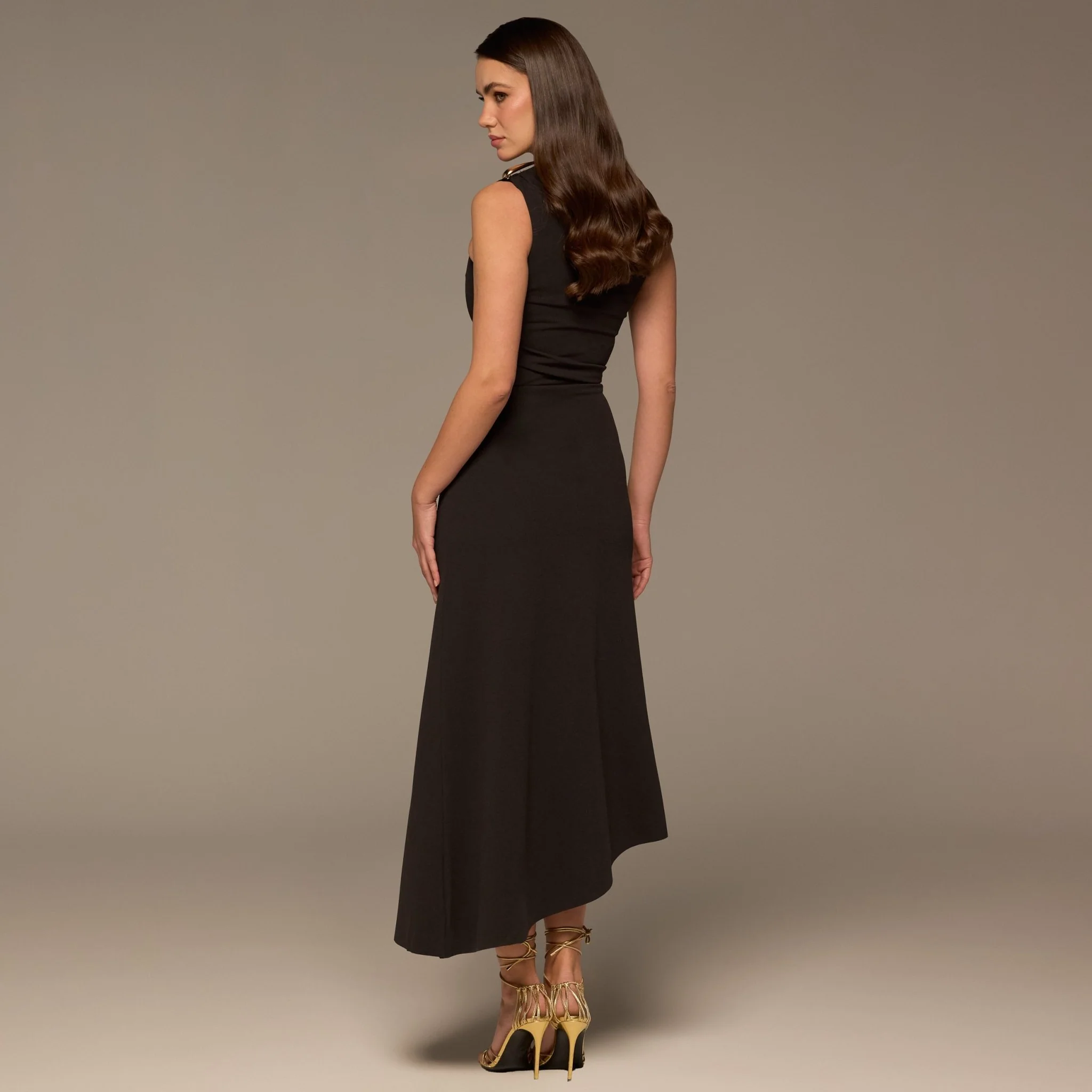 Brown Draped Asymmetric Crepe Dress - Image 4