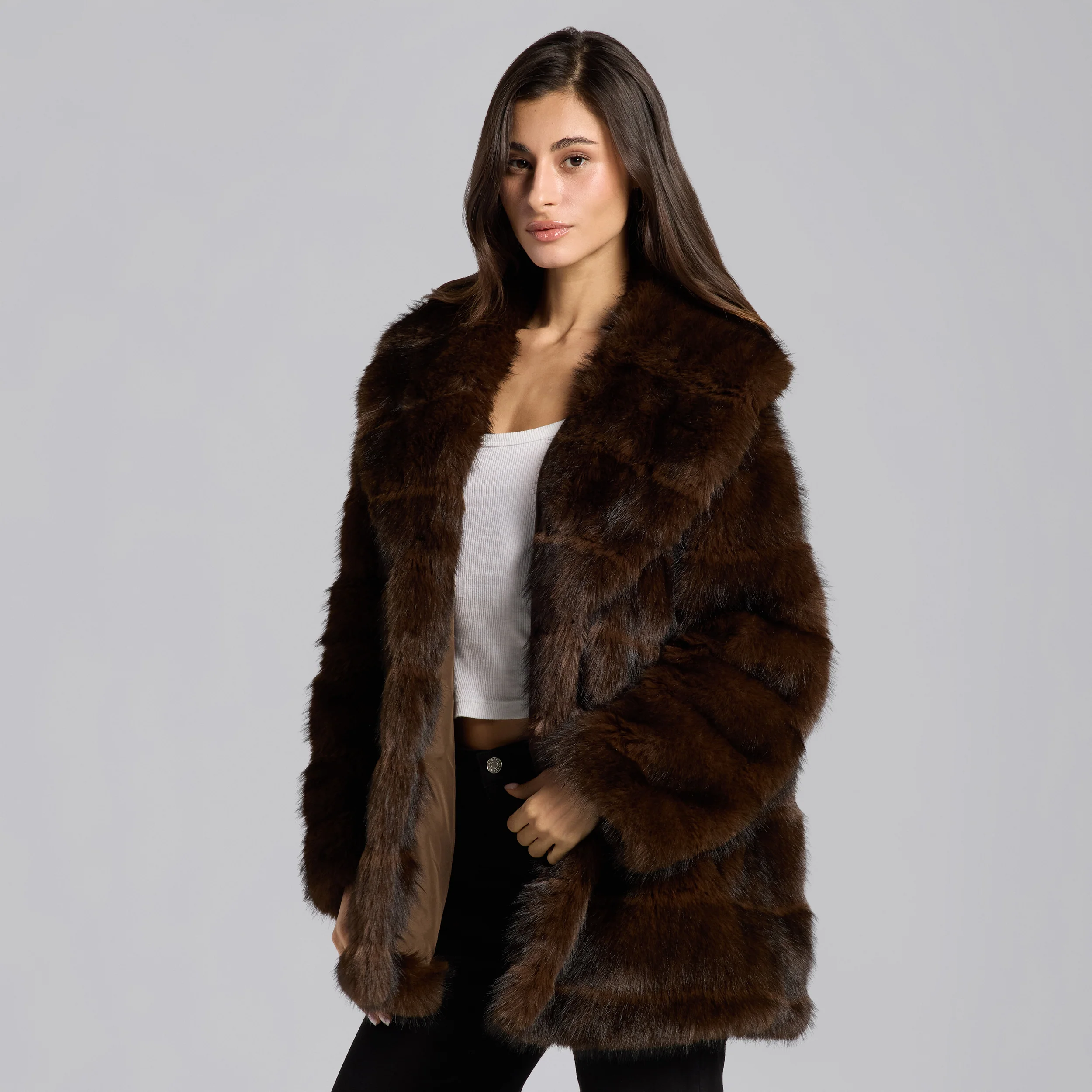 Dark Brown Faux Sable Fur Wide Collar Coat