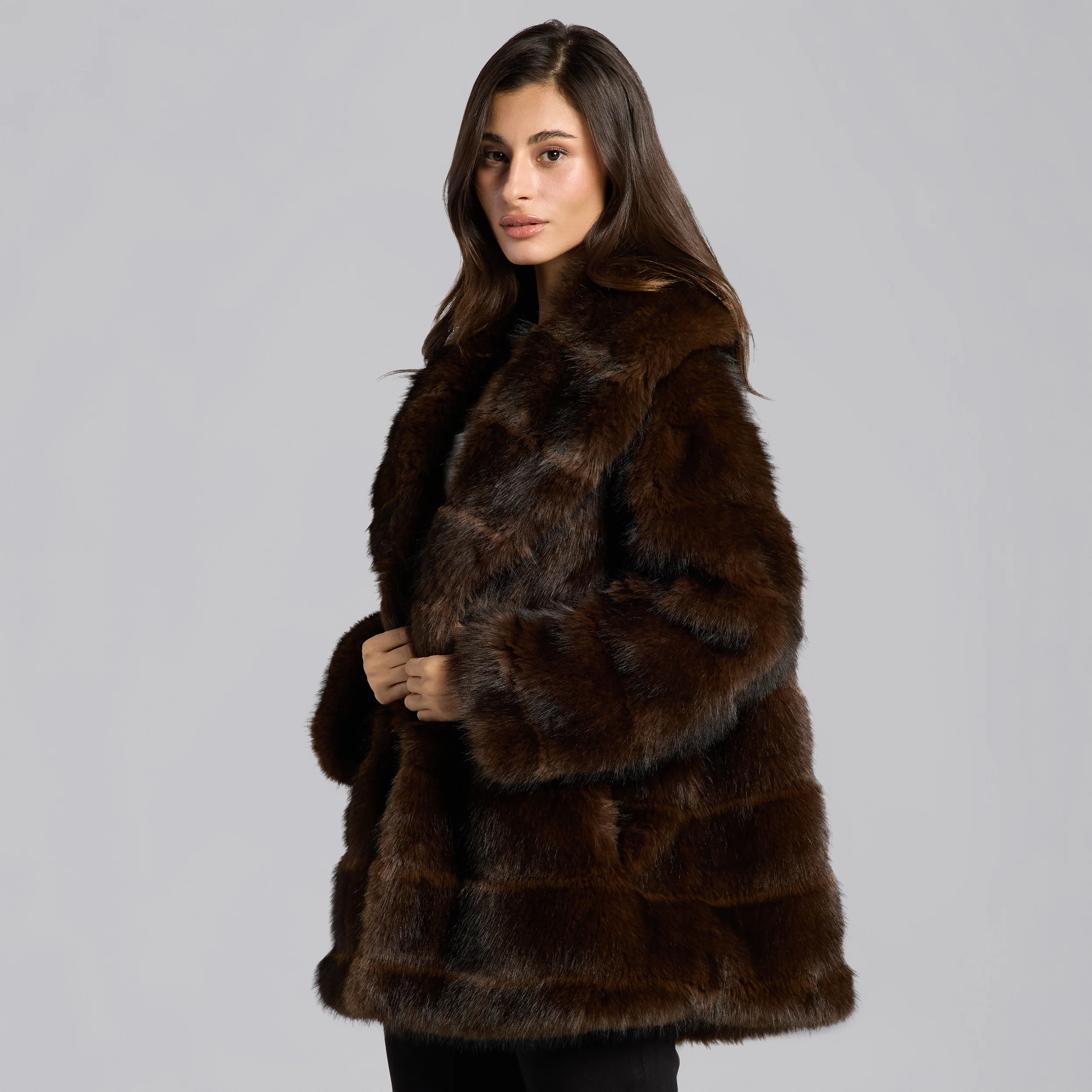 Dark Brown Faux Sable Fur Wide Collar Coat - Image 2