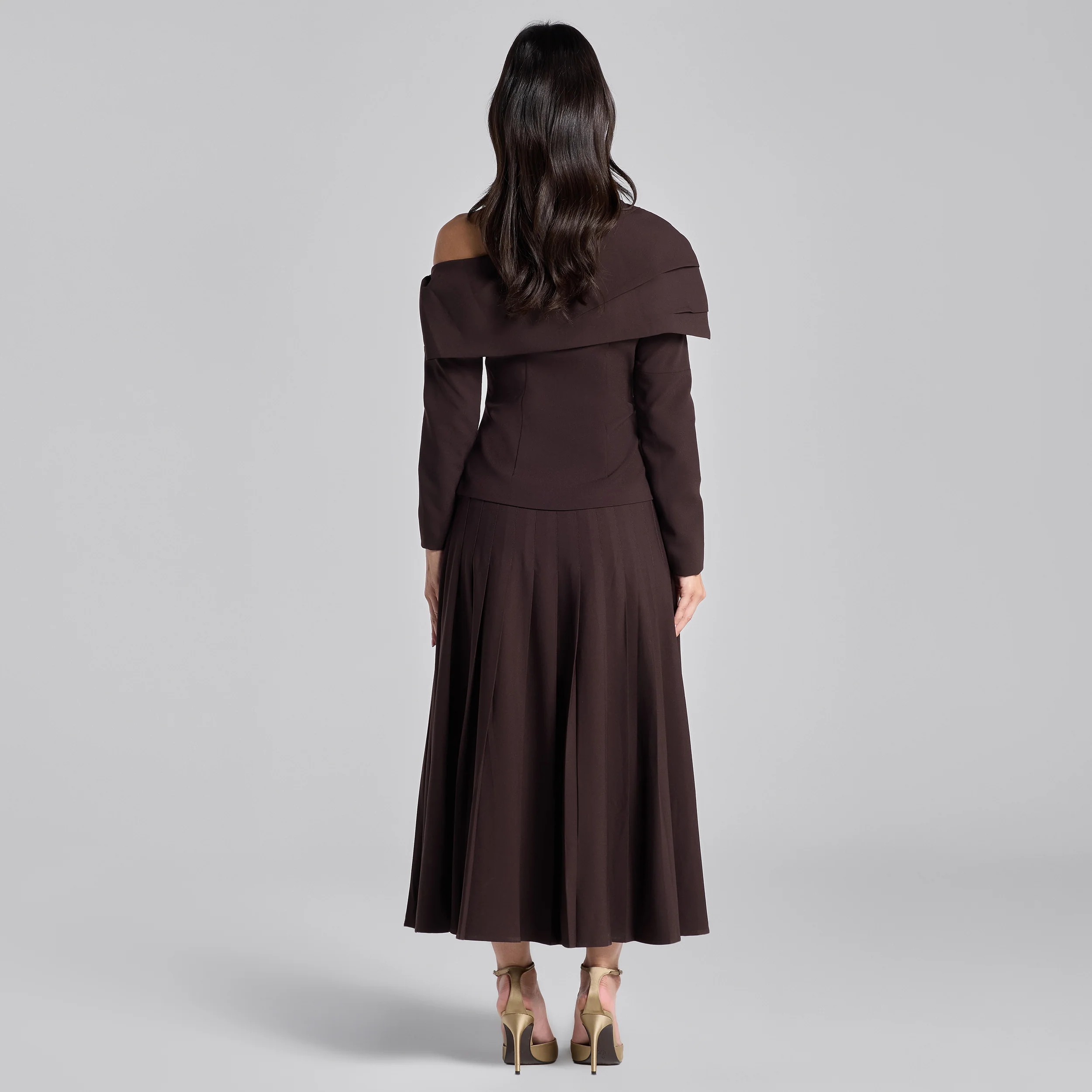 Dark Brown Pleated Crepe Maxi Skirt - Image 7