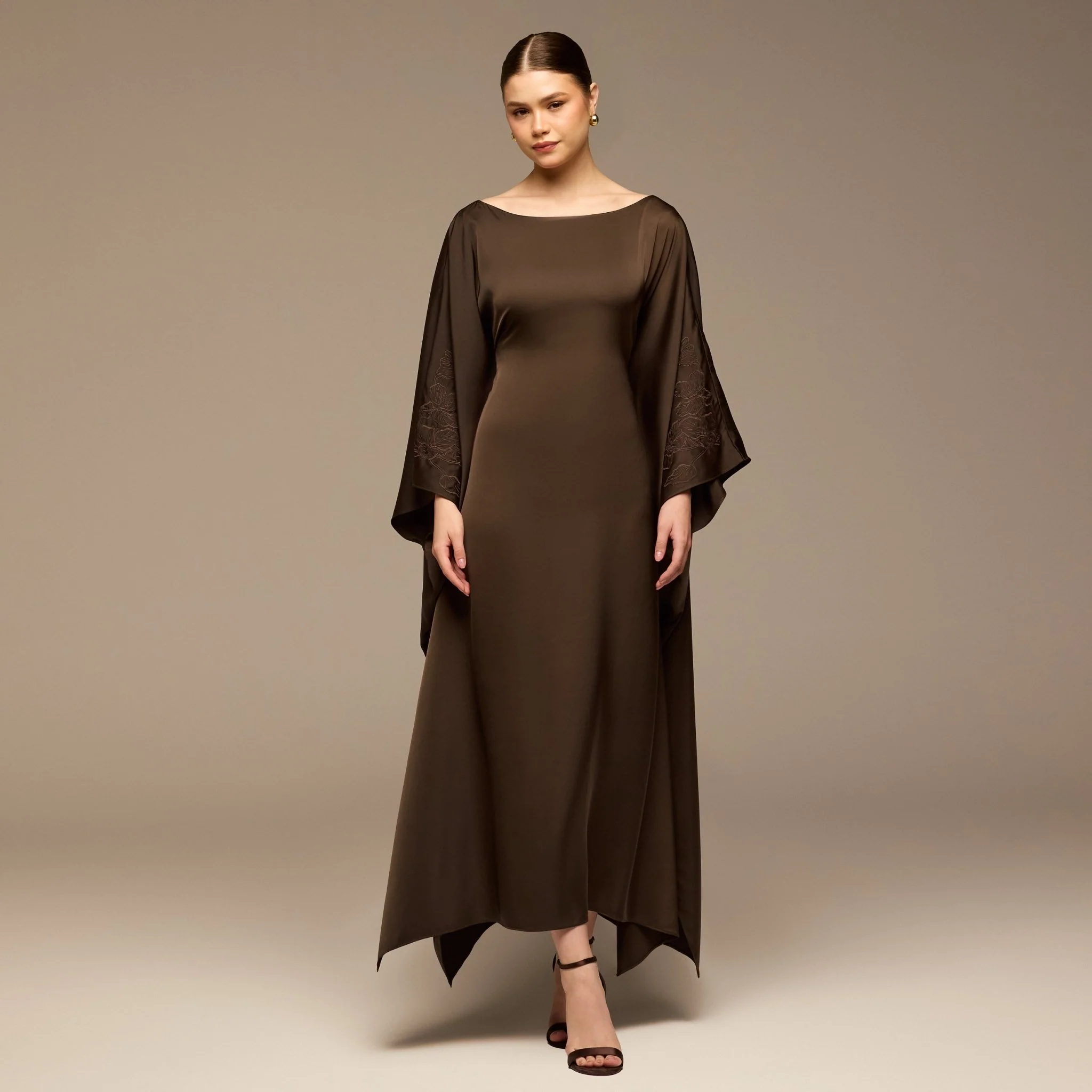 Dark Brown Satin Flowy Maxi Dress
