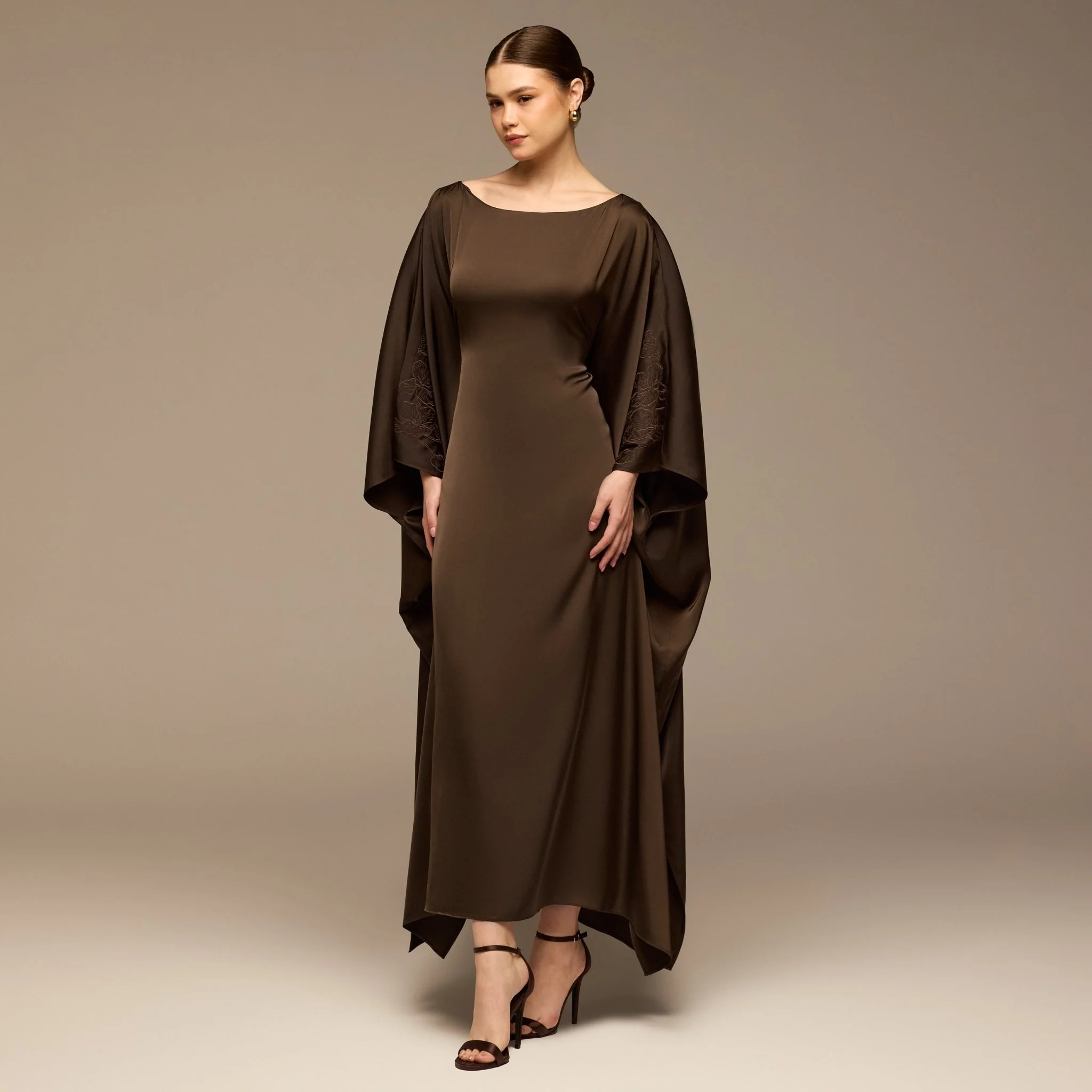 Dark Brown Satin Flowy Maxi Dress - Image 2