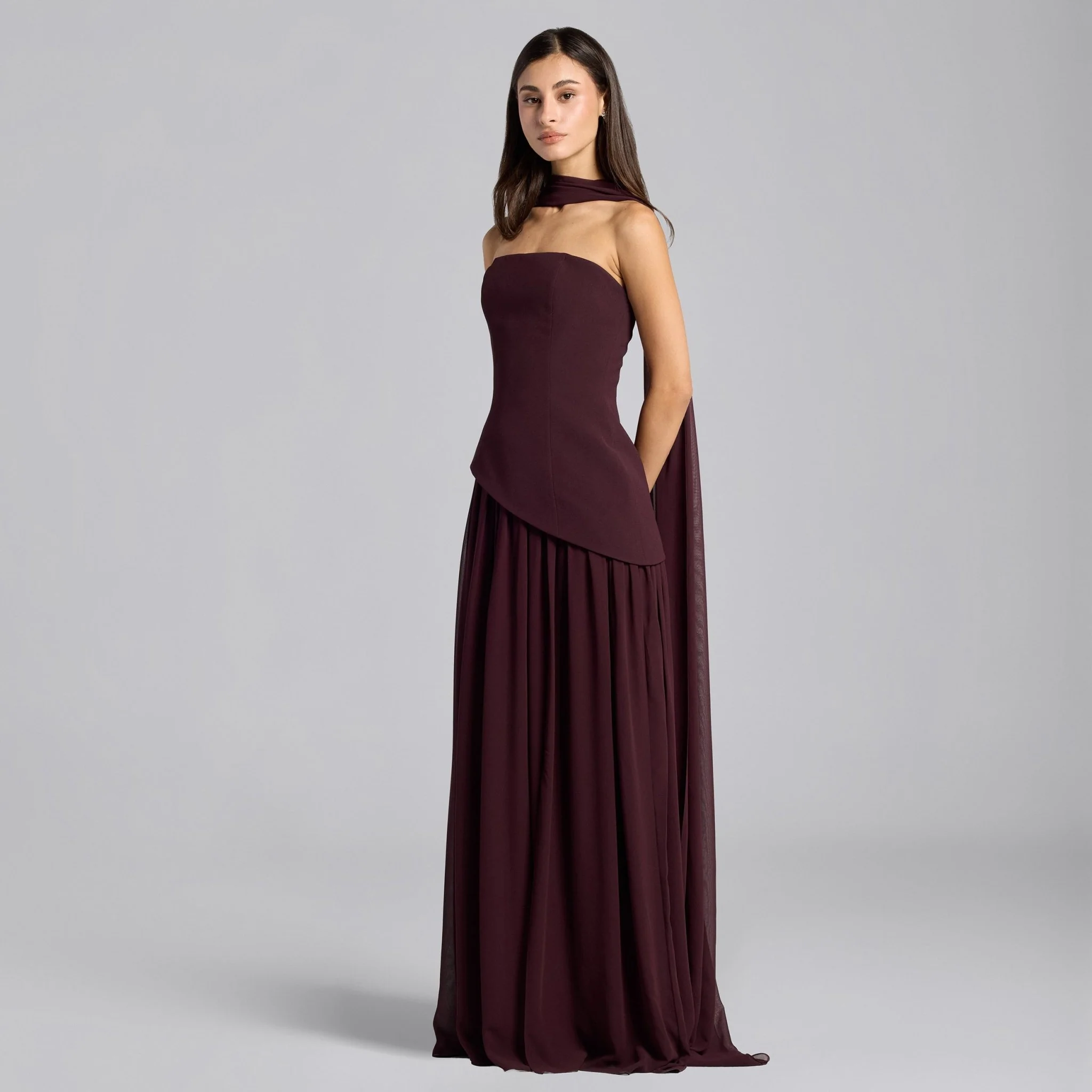 Dark Plum Crepe-Chiffon Strapless Gown - Image 2