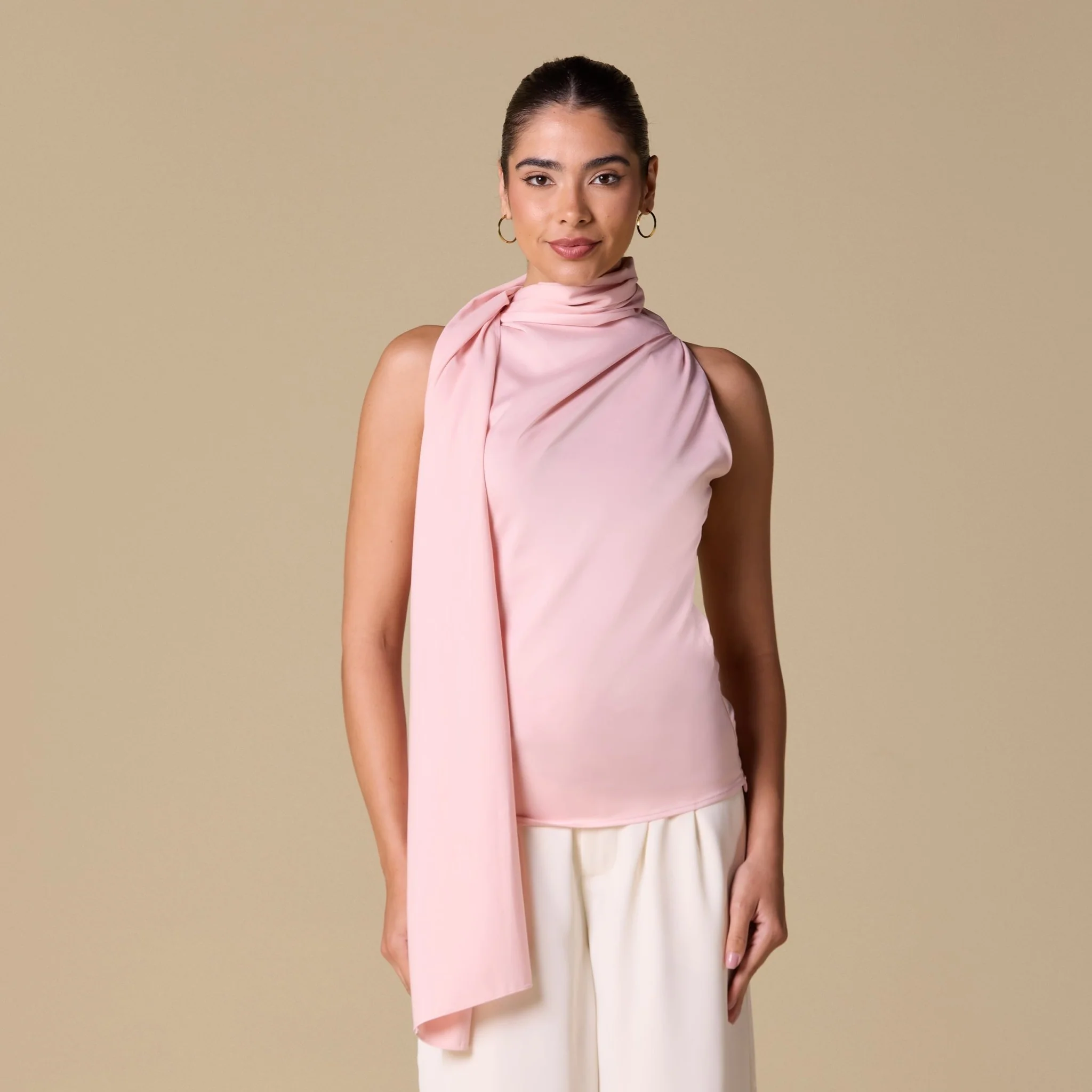 Draped Cowl Top with Attached Scarf
