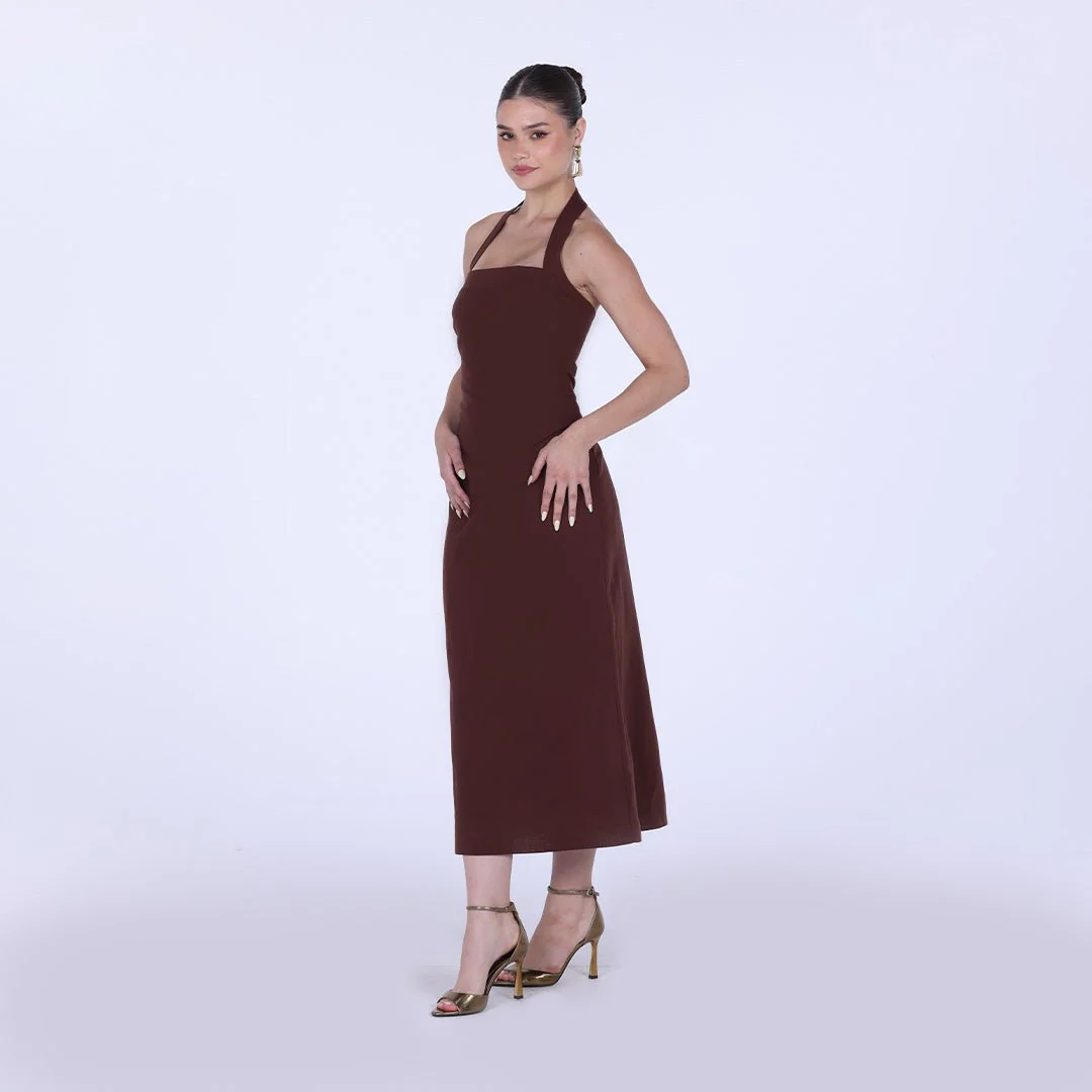 Brown Draped Neckline Sleeveless Maxi Dress