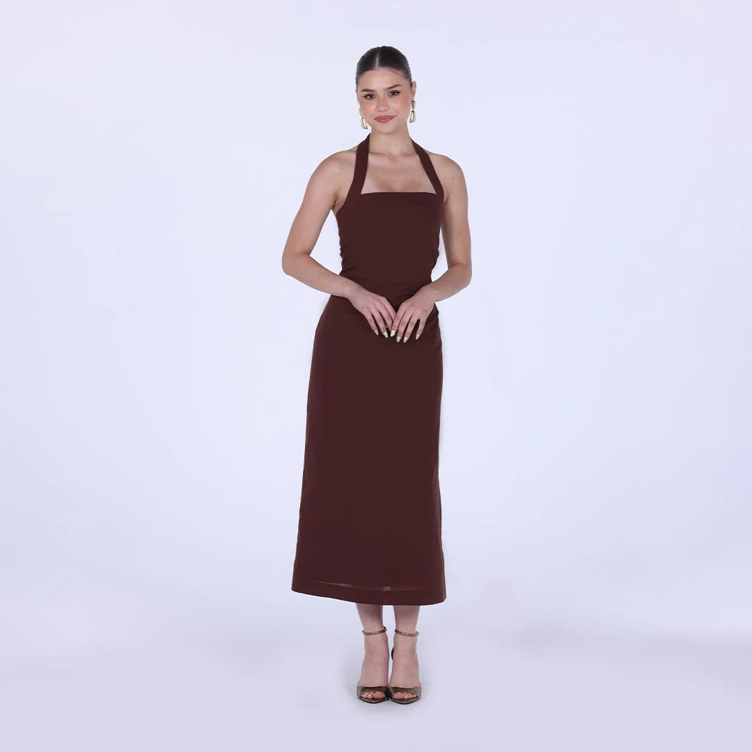 Brown Draped Neckline Sleeveless Maxi Dress - Image 2