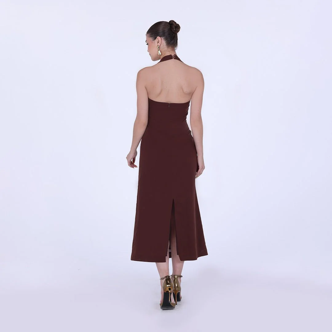 Brown Draped Neckline Sleeveless Maxi Dress - Image 4