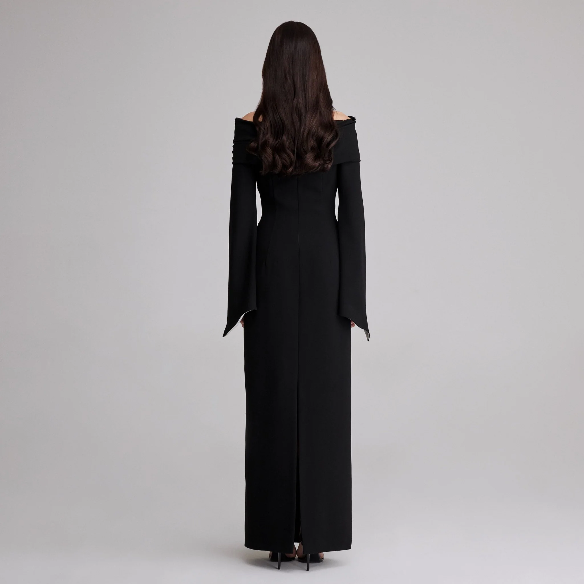 Black Draped Off-Shoulder Crepe Maxi Dress - Image 5