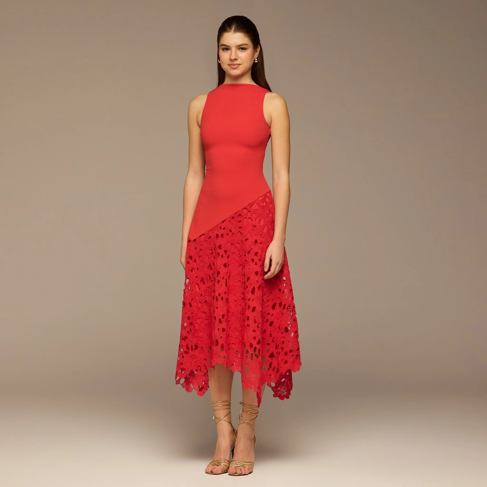 Red Asymmetric Lace-Overlay Cotton Dress - Image 2
