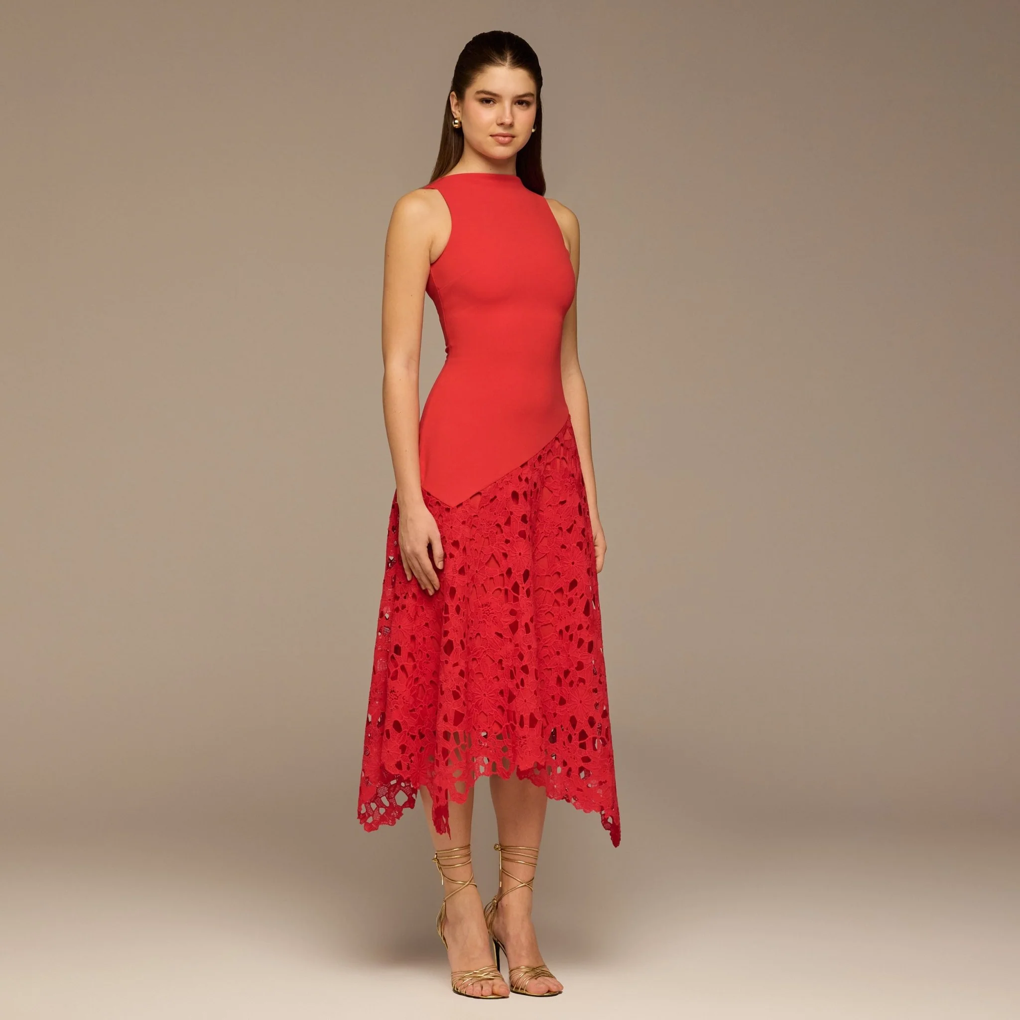 Red Asymmetric Lace-Overlay Cotton Dress - Image 3