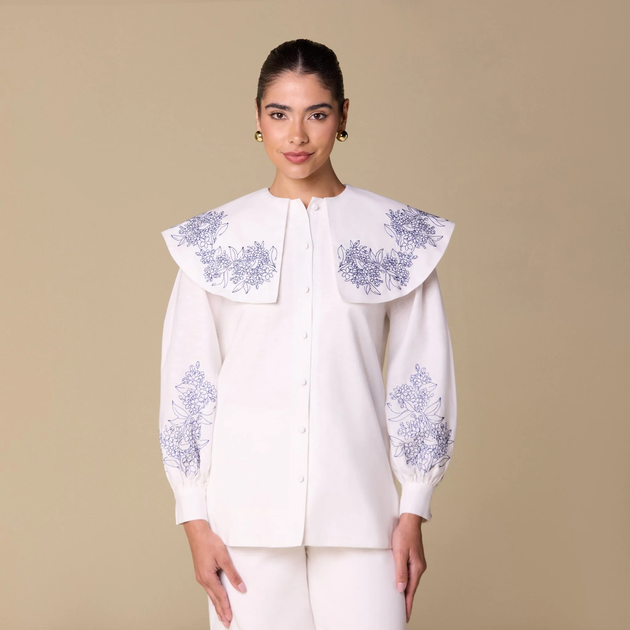 Embroidered Puff Sleeve Linen Top
