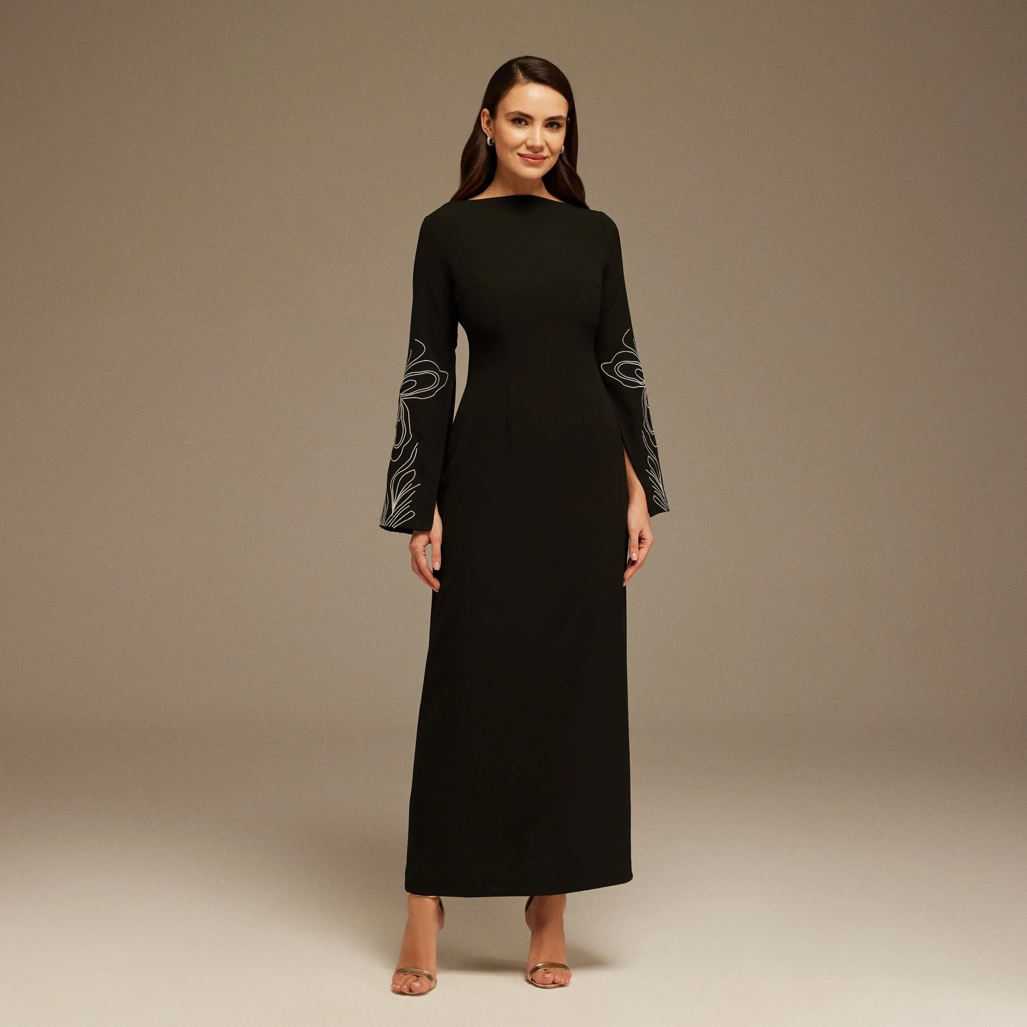 Black & White Embroidered Sleeve Maxi Dress