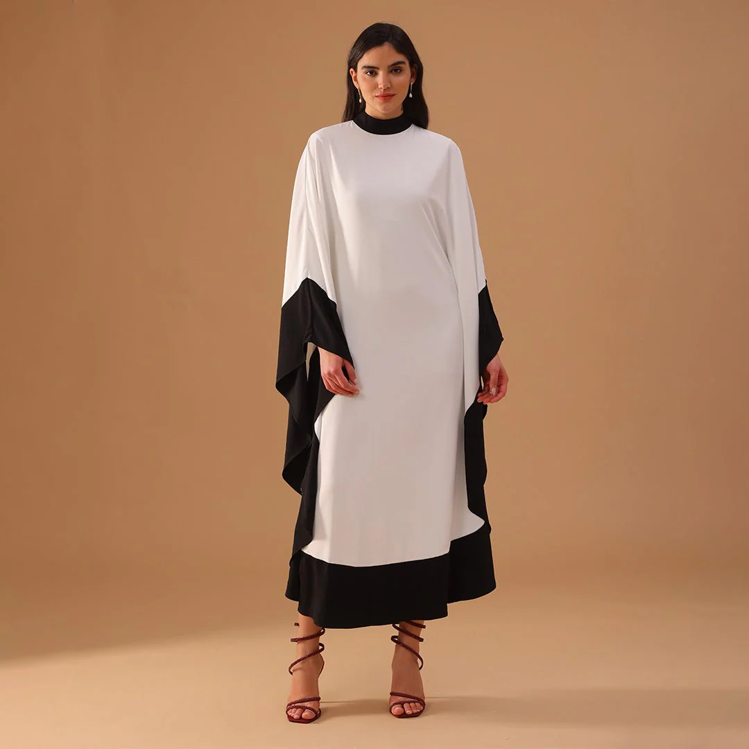 Black and White Flared Crepe Kaftan - Image 2