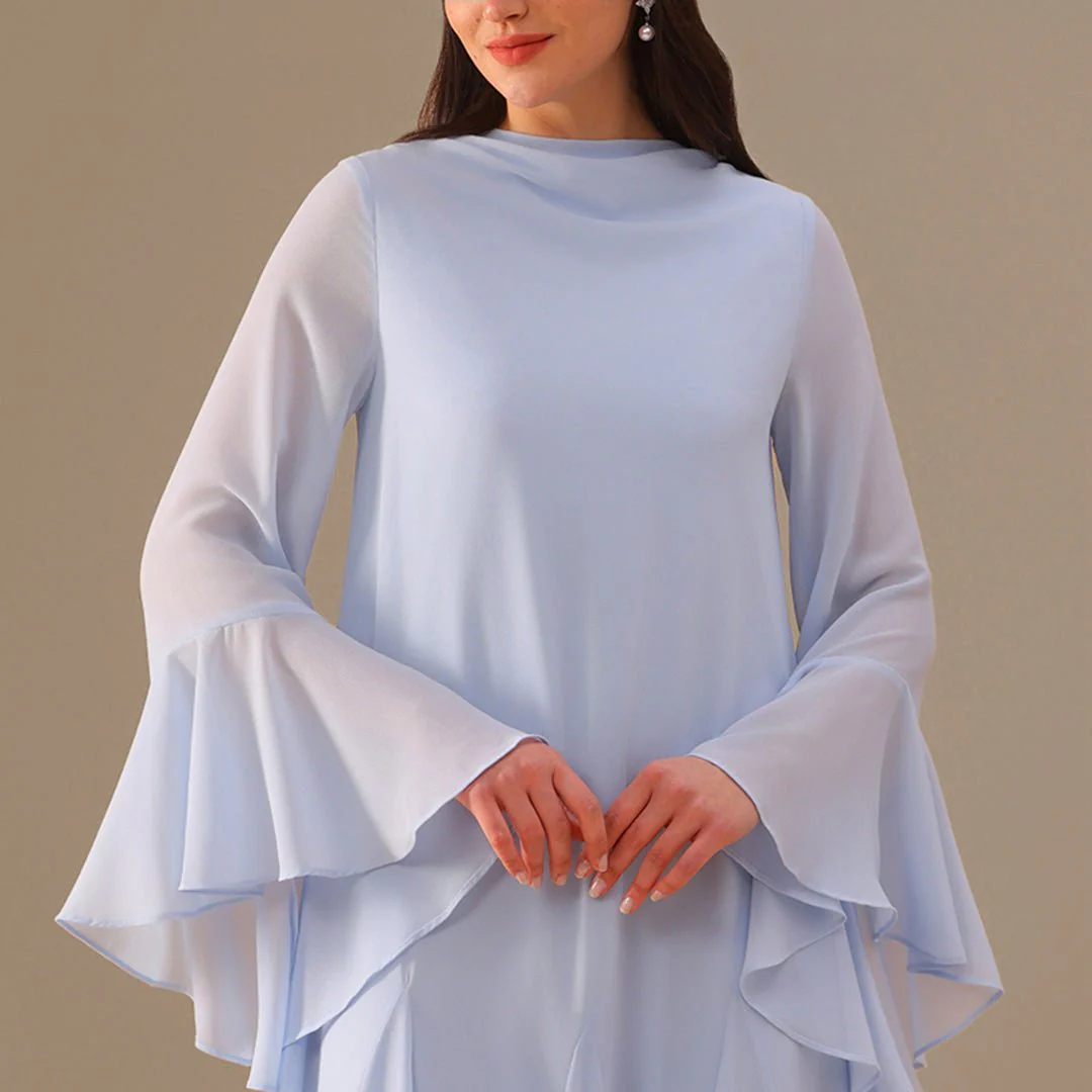 Blue Flared Long Sleeve Chiffon Maxi Dress - Image 3