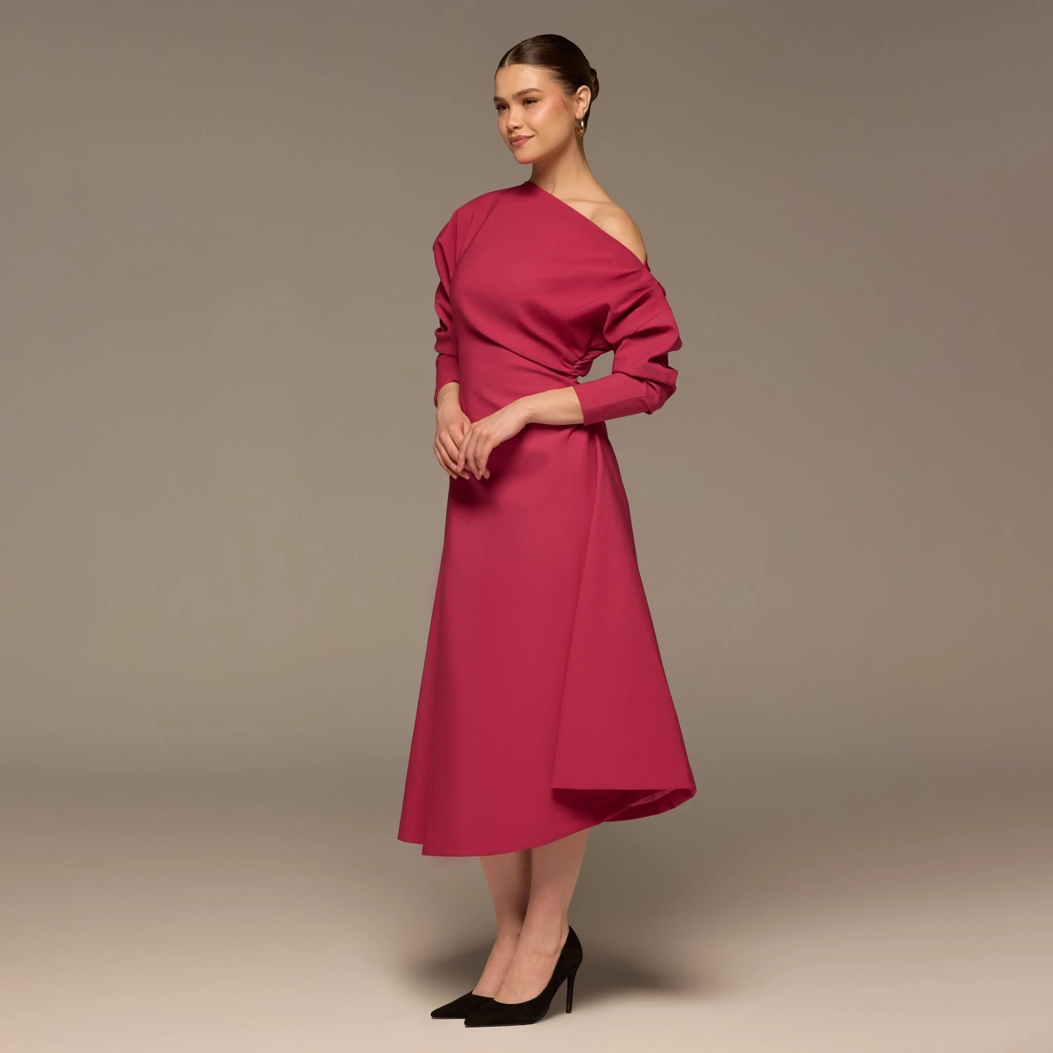 Fuchsia Asymmetric Off Shoulder Maxi Dress - Image 2
