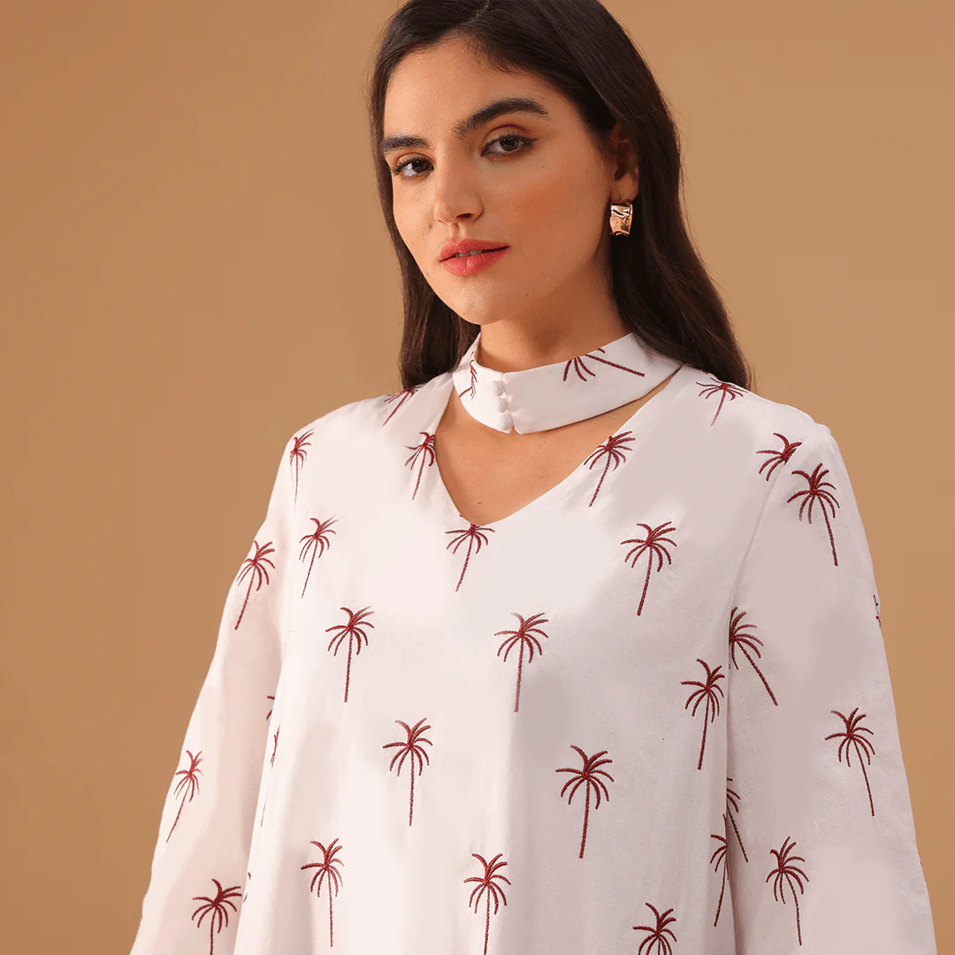 White Fully Embroidered Long Sleeve Kaftan - Image 3
