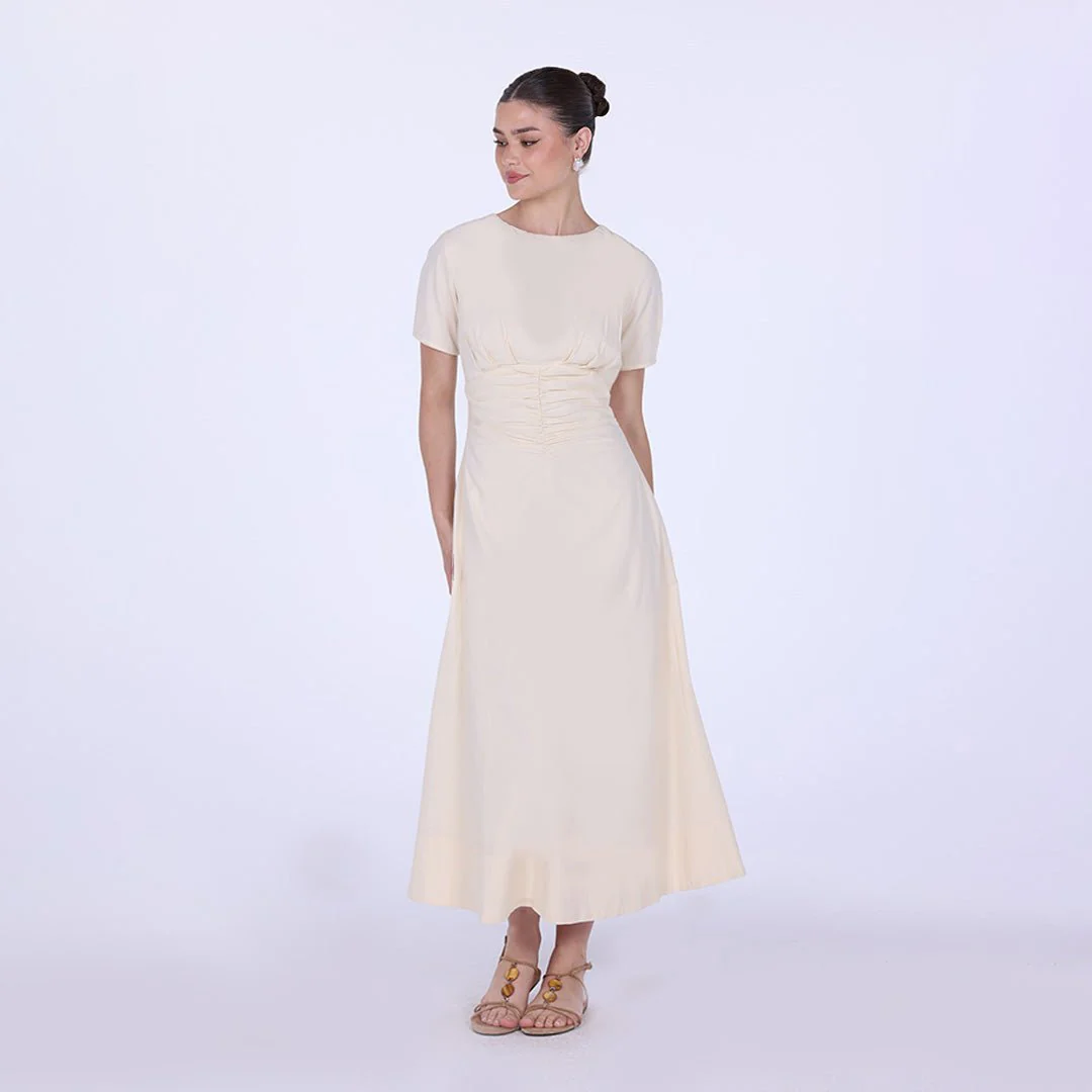 Gathered Waist Short Sleeves Linen Dress