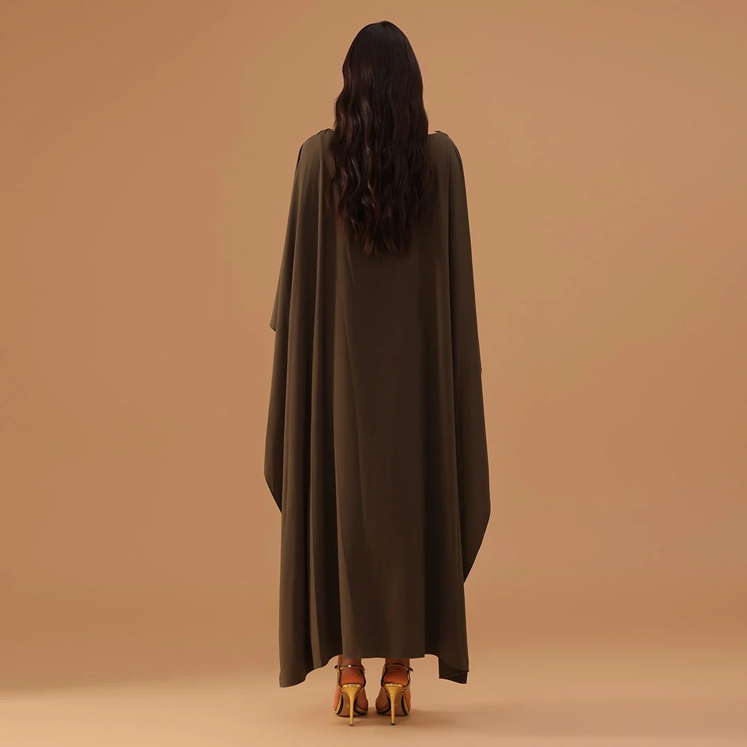 Olive Green Crepe Kaftan with Round Wide Neck - Image 5