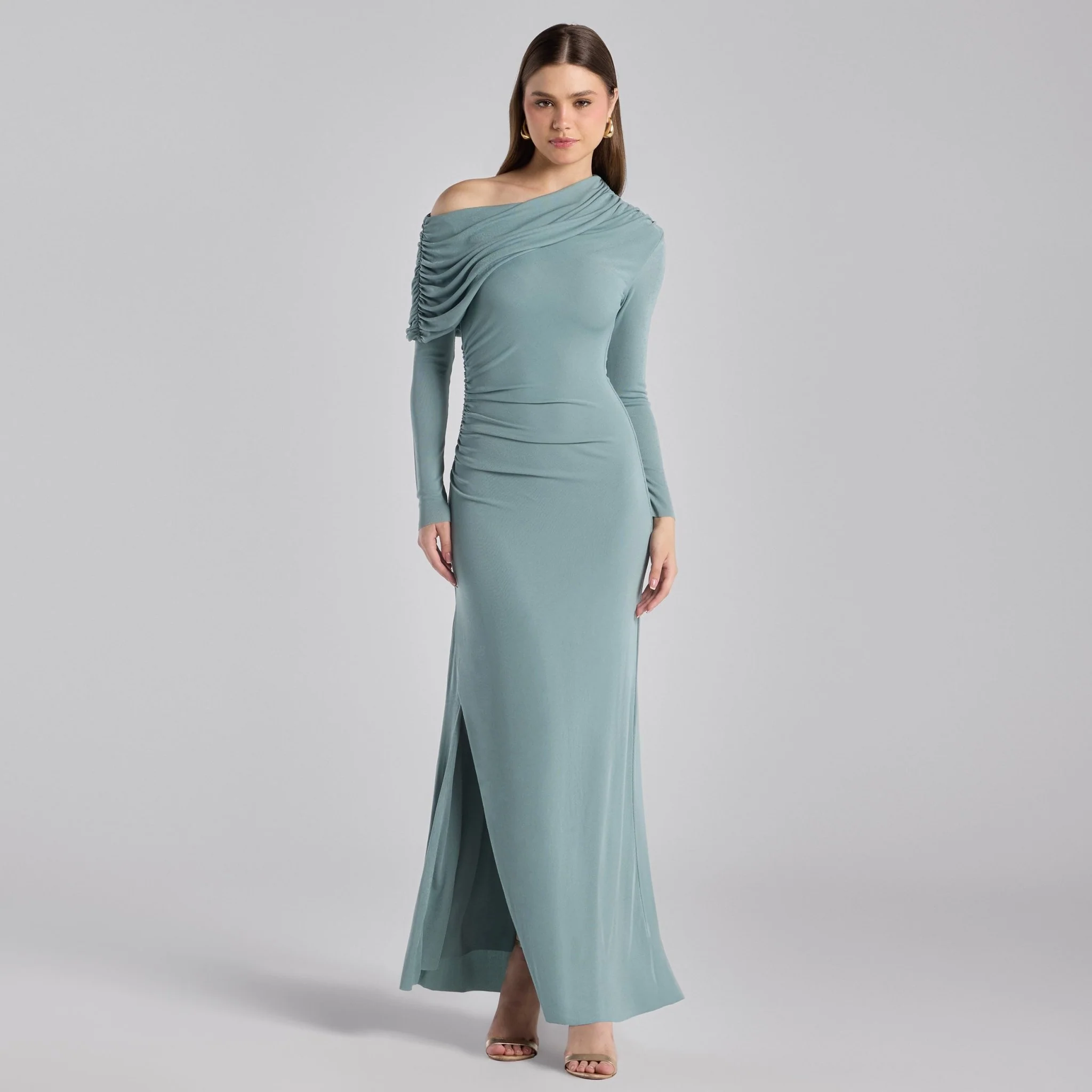 Turquoise Draped Shoulder Jersey Maxi Dress