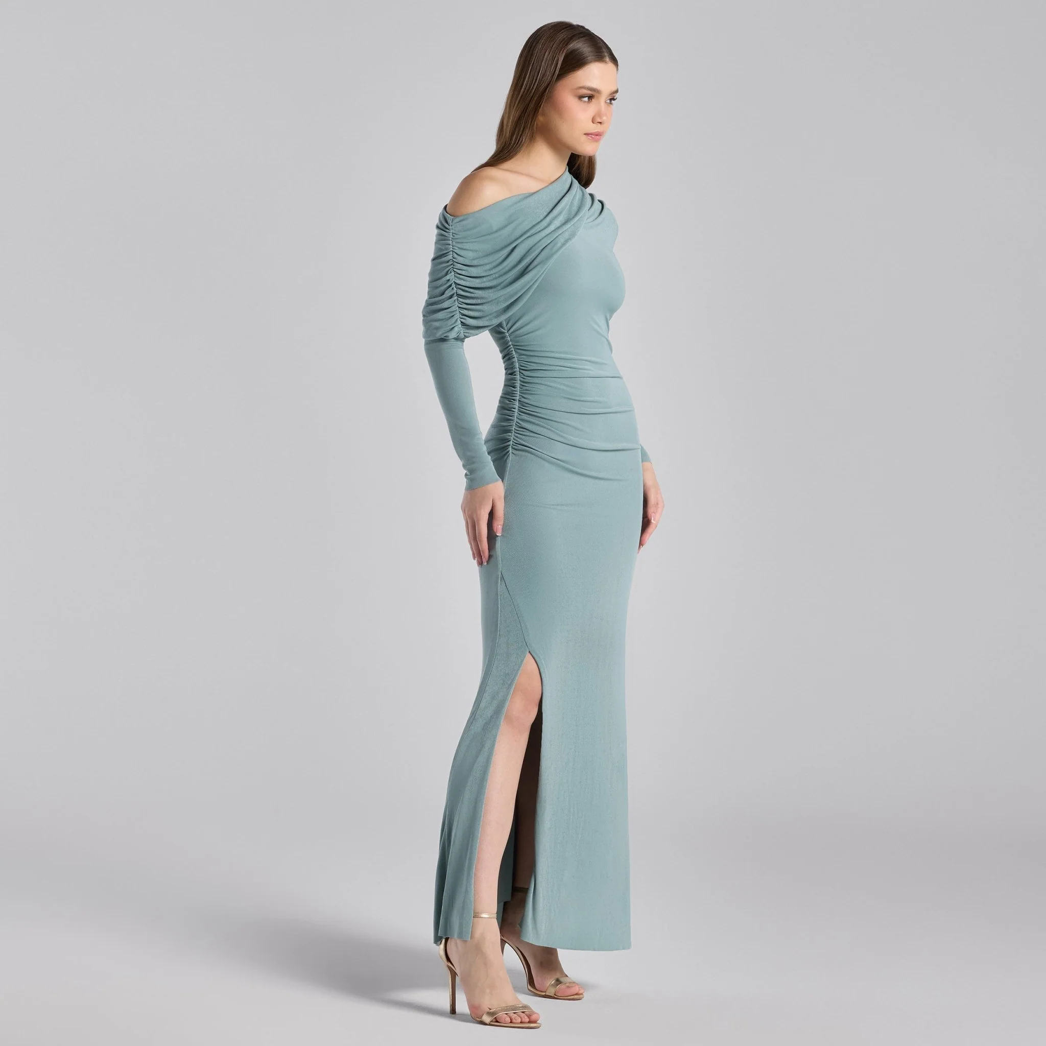 Turquoise Draped Shoulder Jersey Maxi Dress - Image 2