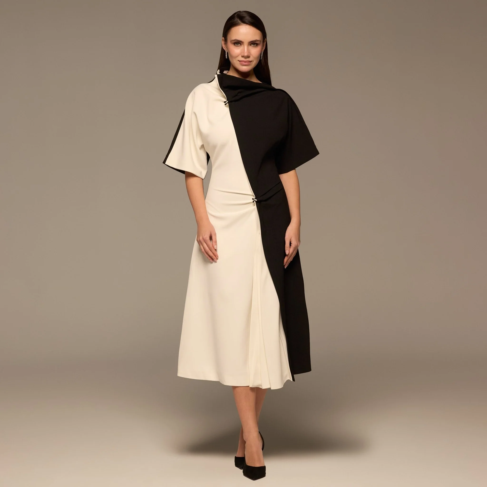 Ivory & Black Asymmetric Crepe Dress