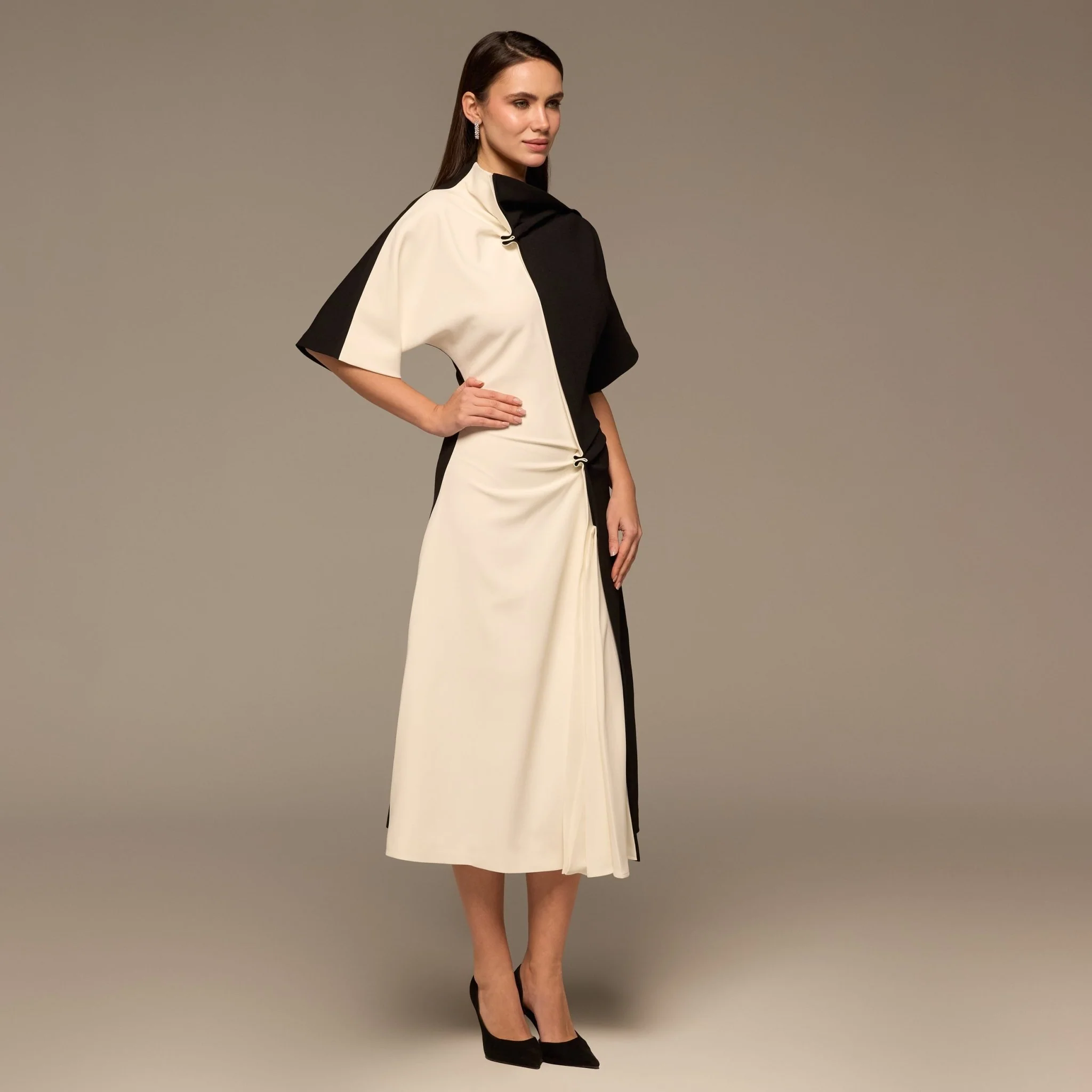 Ivory & Black Asymmetric Crepe Dress - Image 2