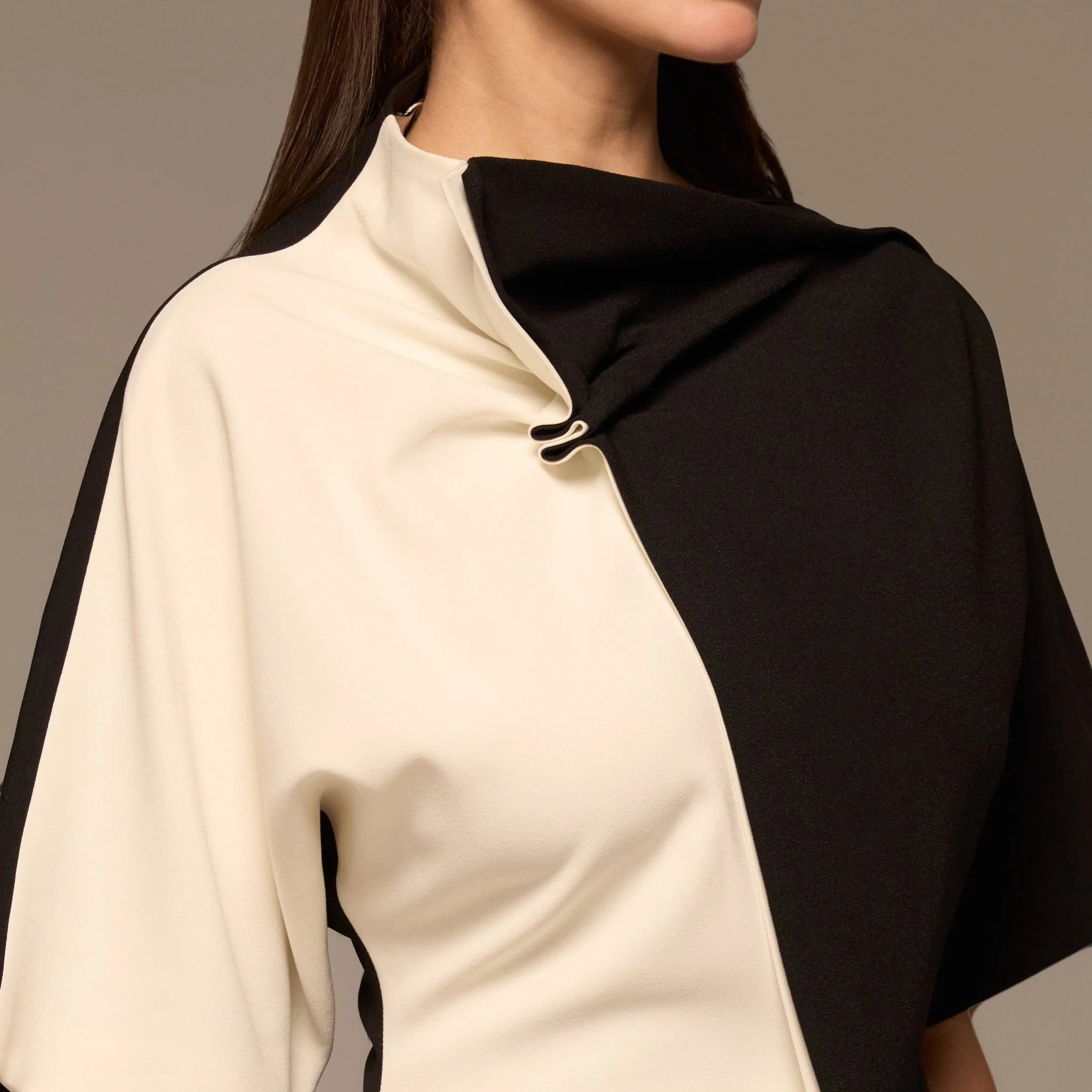 Ivory & Black Asymmetric Crepe Dress - Image 3