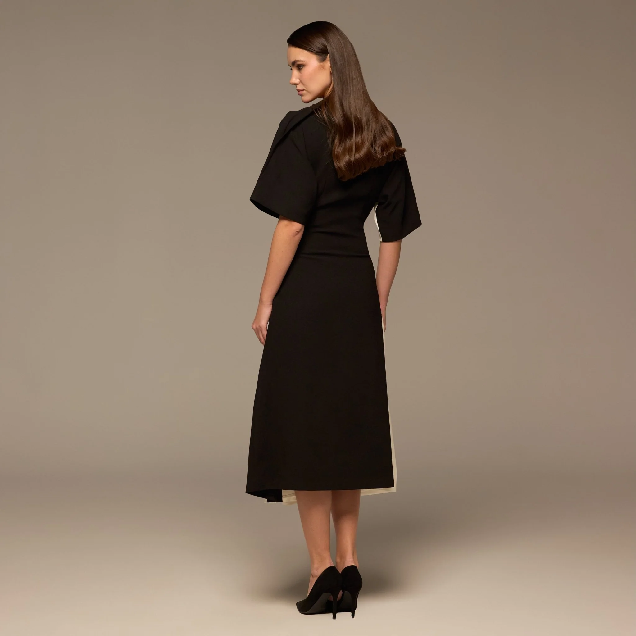 Ivory & Black Asymmetric Crepe Dress - Image 4