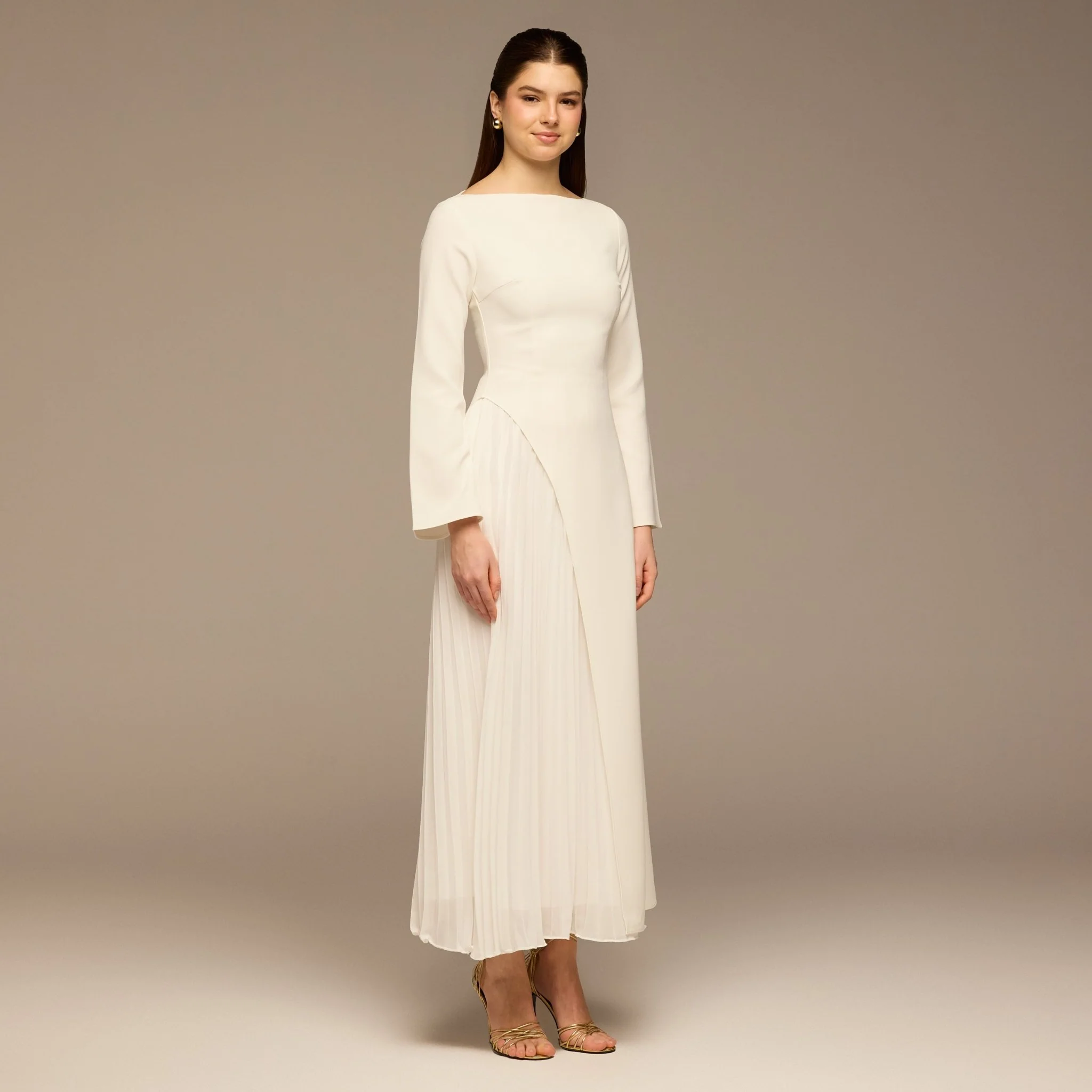 Ivory Crepe Maxi Dress with Side Pleated Panel - Image 2