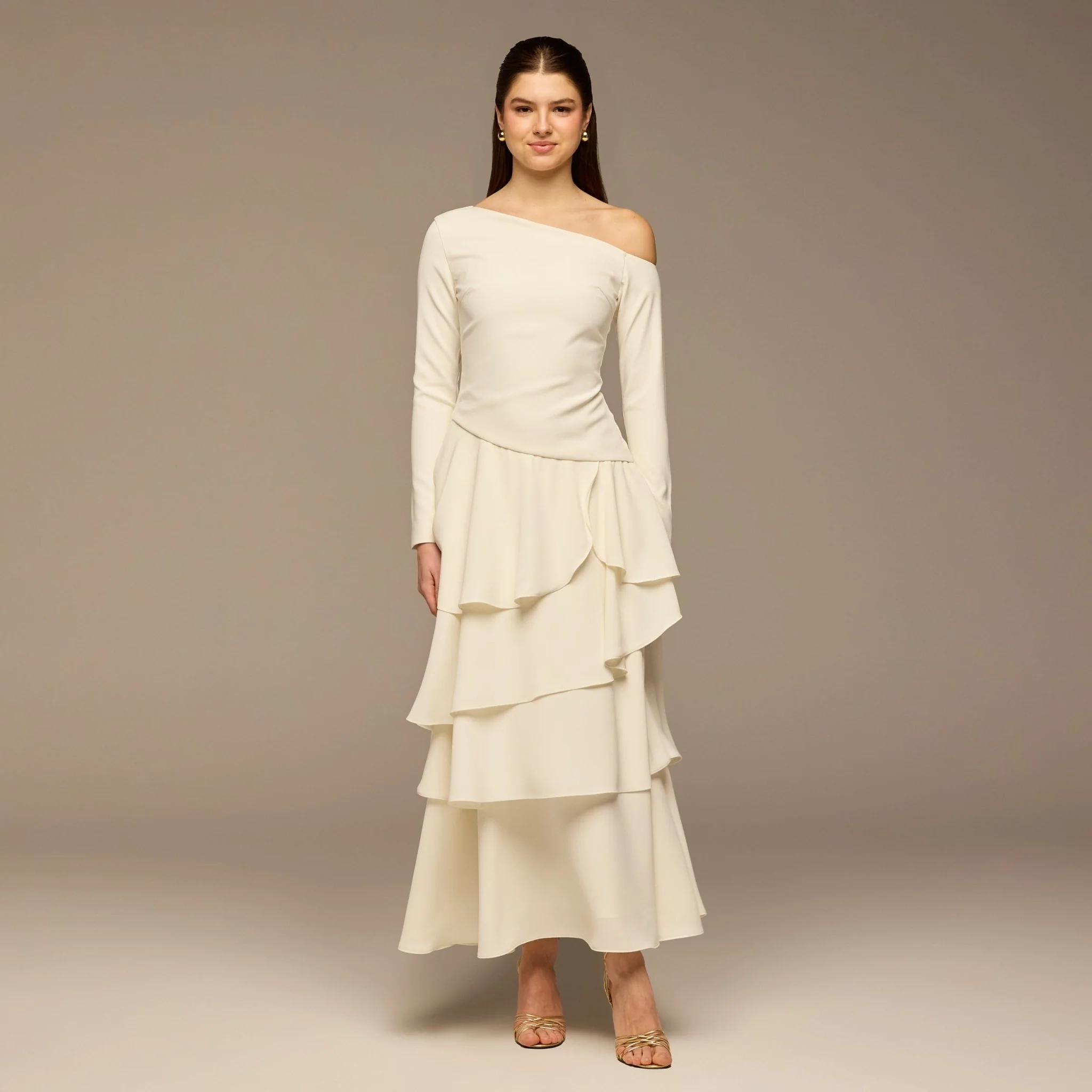 Ivory Ruched Long Sleeve Jersey Maxi Dress